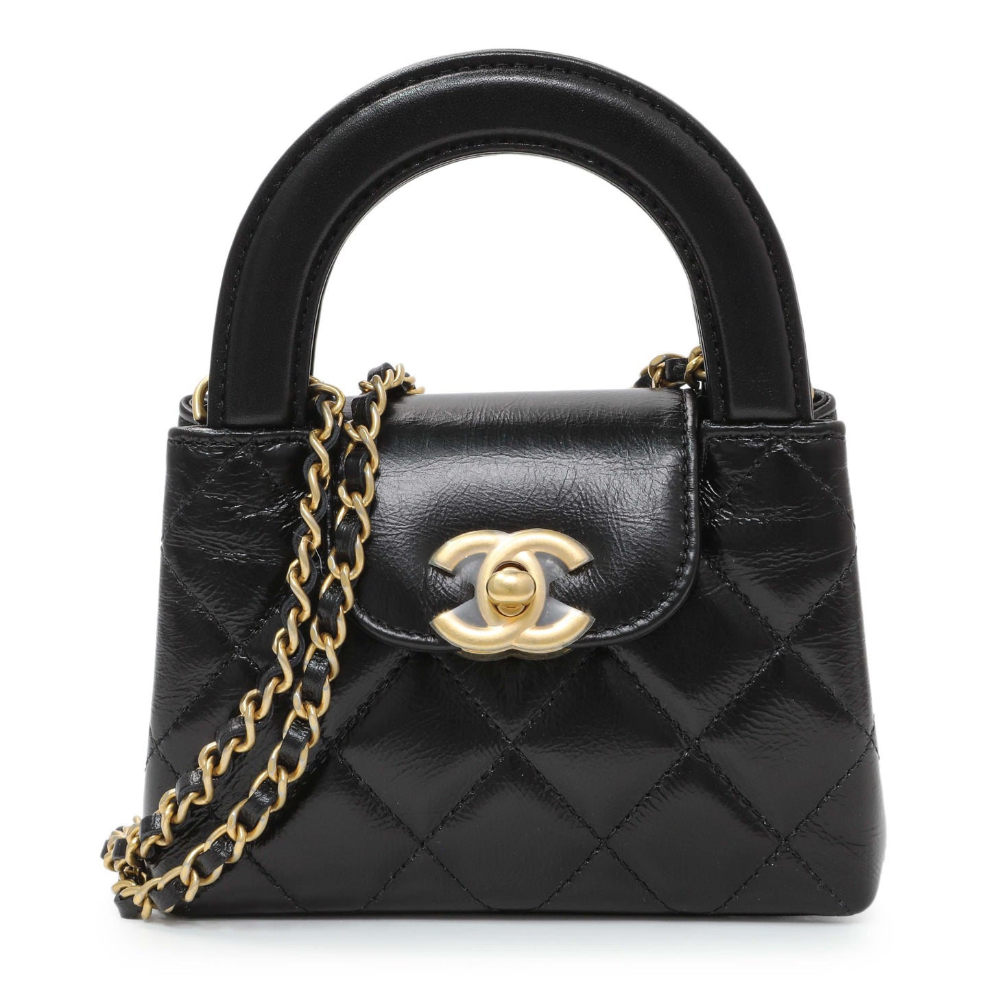 Exclusive Chanel Black Shiny Aged Calfskin Quilted Mini Nano Kelly Shopper — Front View