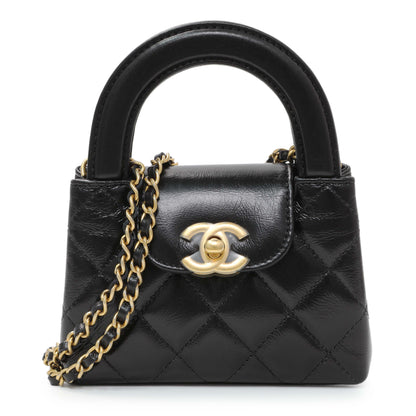 Exclusive Chanel Black Shiny Aged Calfskin Quilted Mini Nano Kelly Shopper — Front View