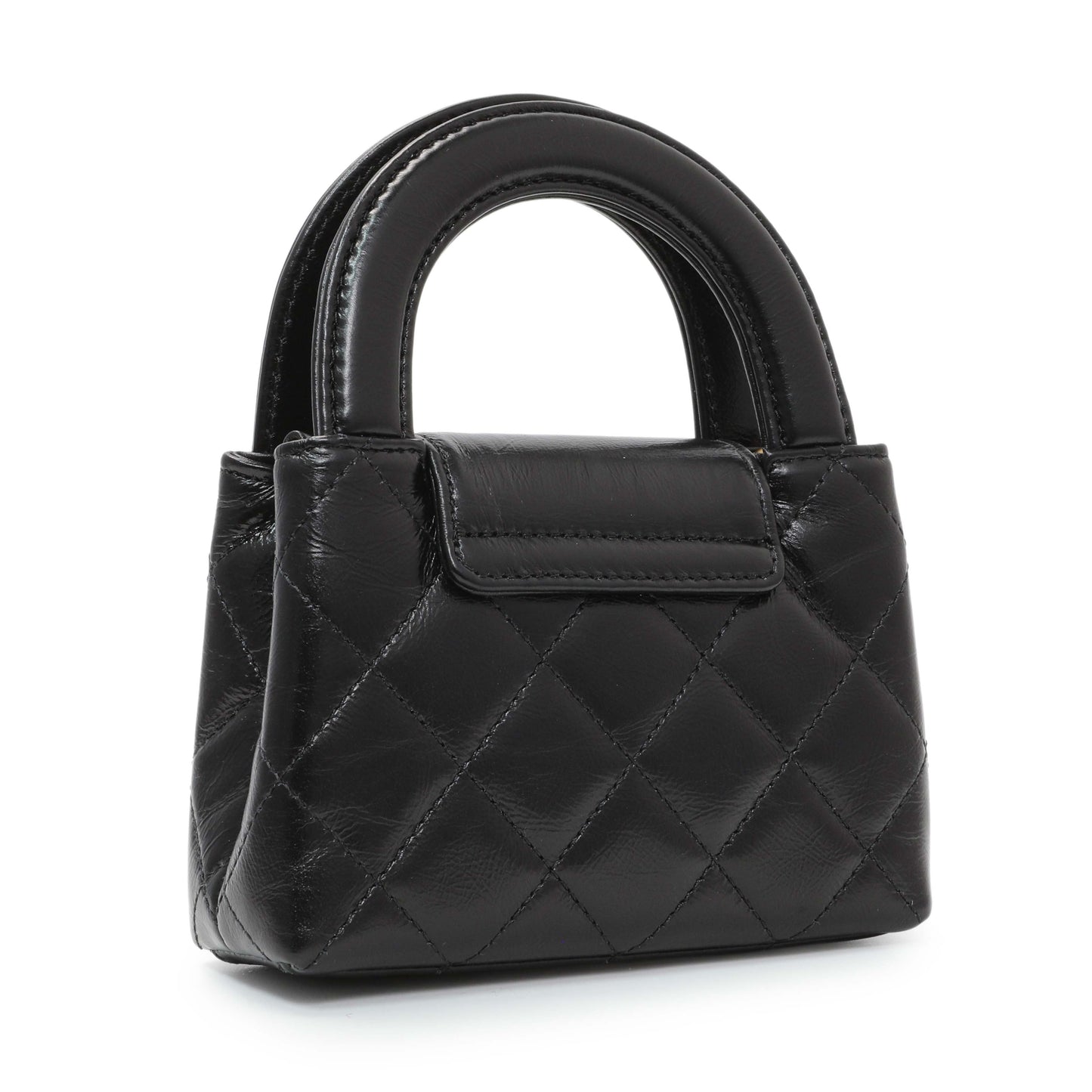 Exclusive Chanel Black Shiny Aged Calfskin Quilted Mini Nano Kelly Shopper — Side View
