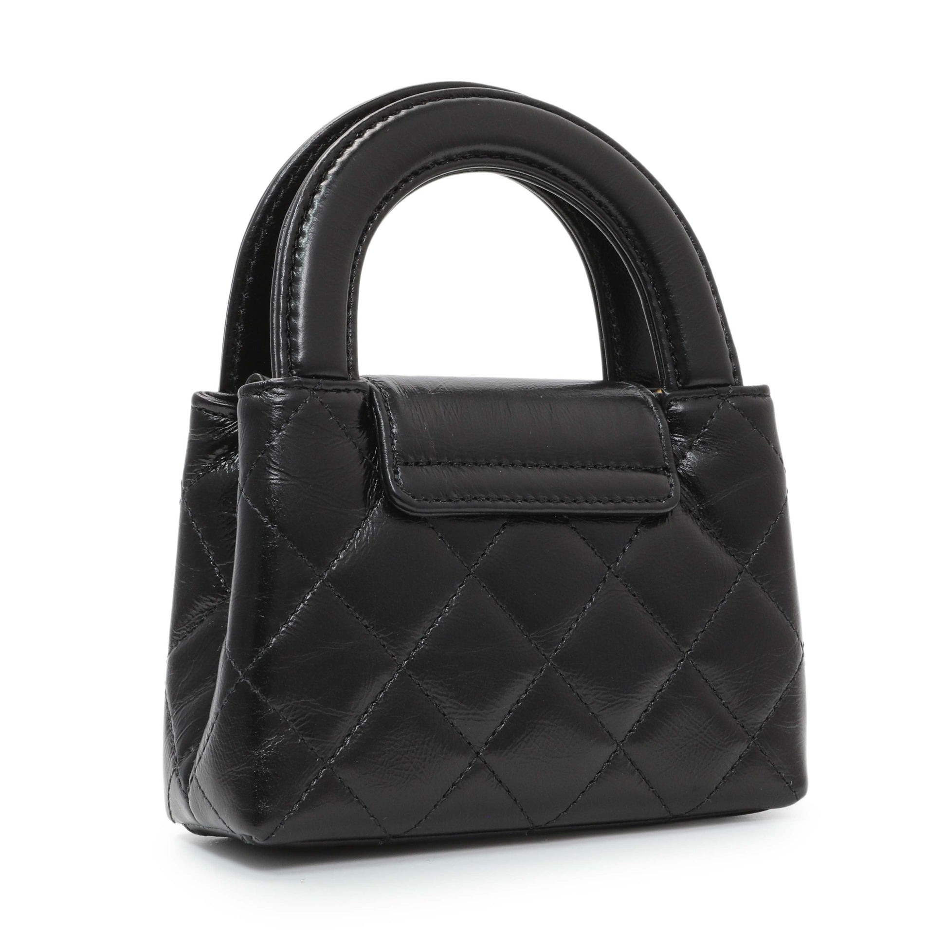Exclusive Chanel Black Shiny Aged Calfskin Quilted Mini Nano Kelly Shopper — Side View