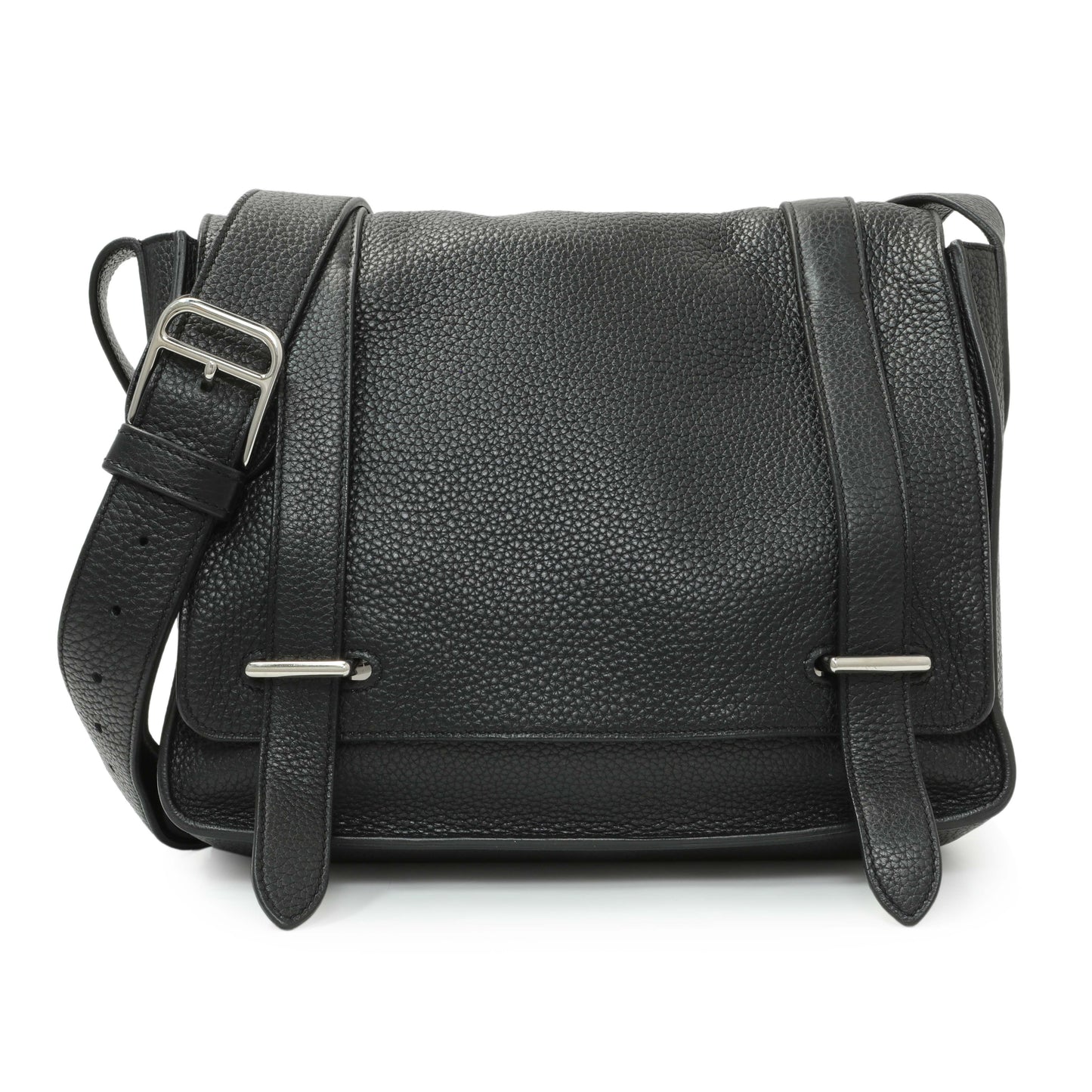Exclusive Hermes Black Taurillon Clemence Steve Caporal Messenger — Front View