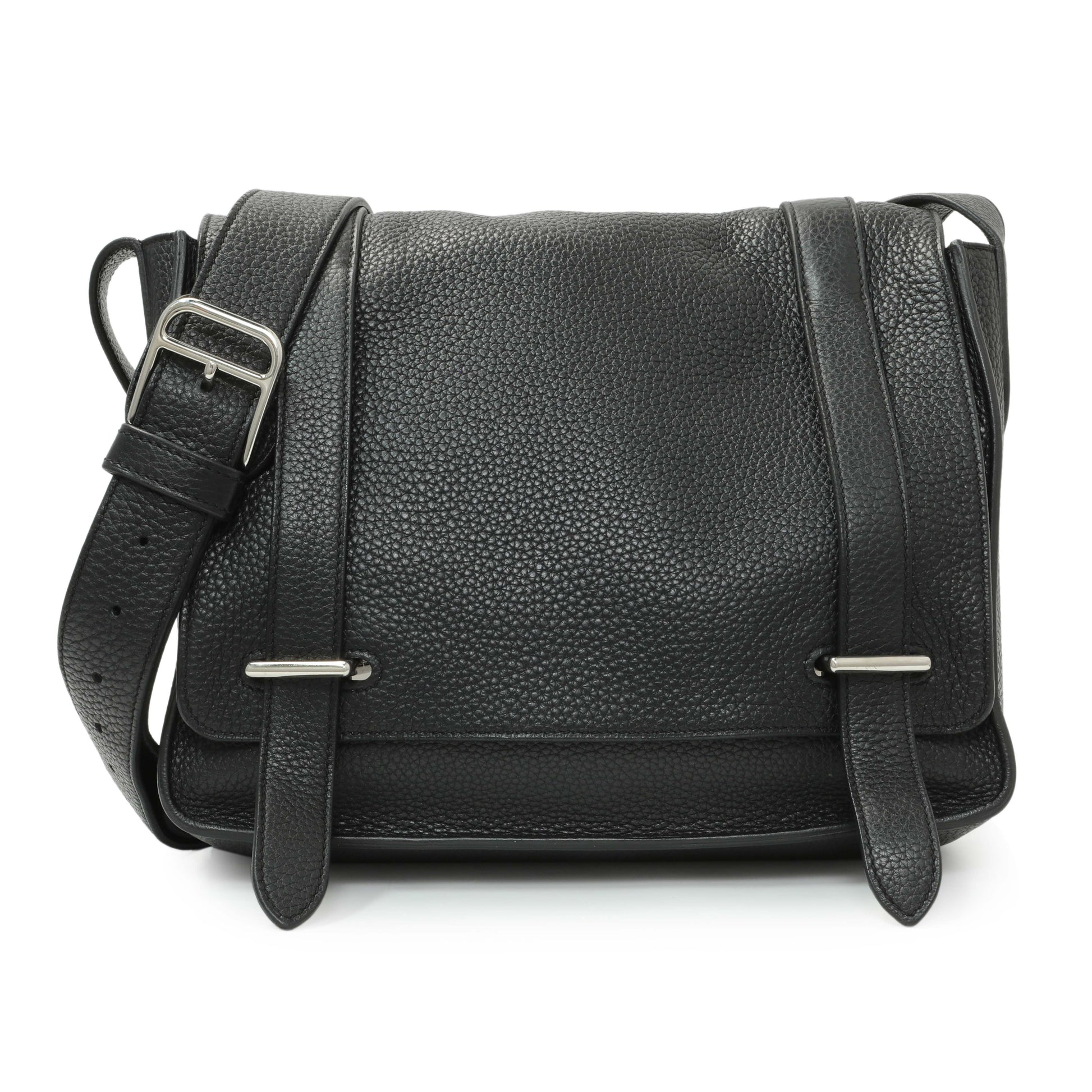 Exclusive Hermes Black Taurillon Clemence Steve Caporal Messenger — Front View