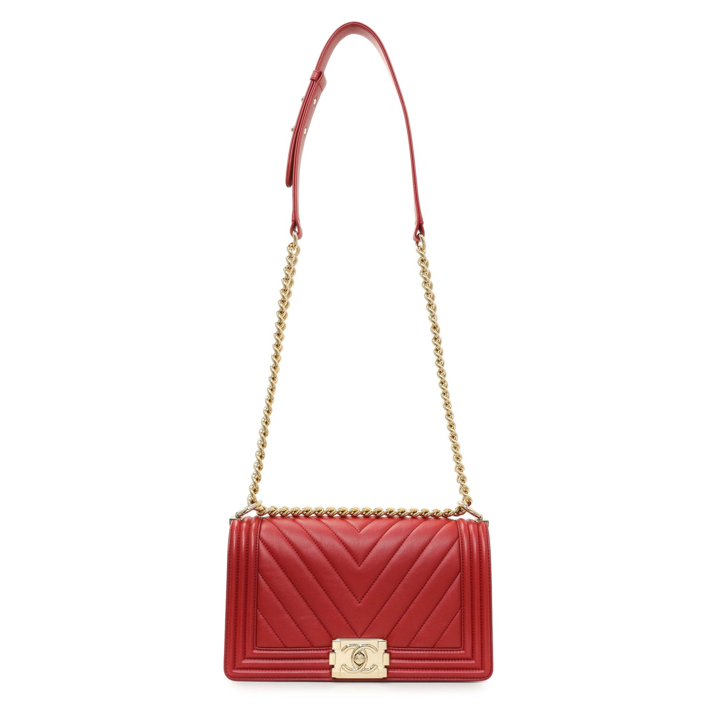 Exclusive Chanel Red Chevron Quilted Lambskin Medium Boy Flap — Front View