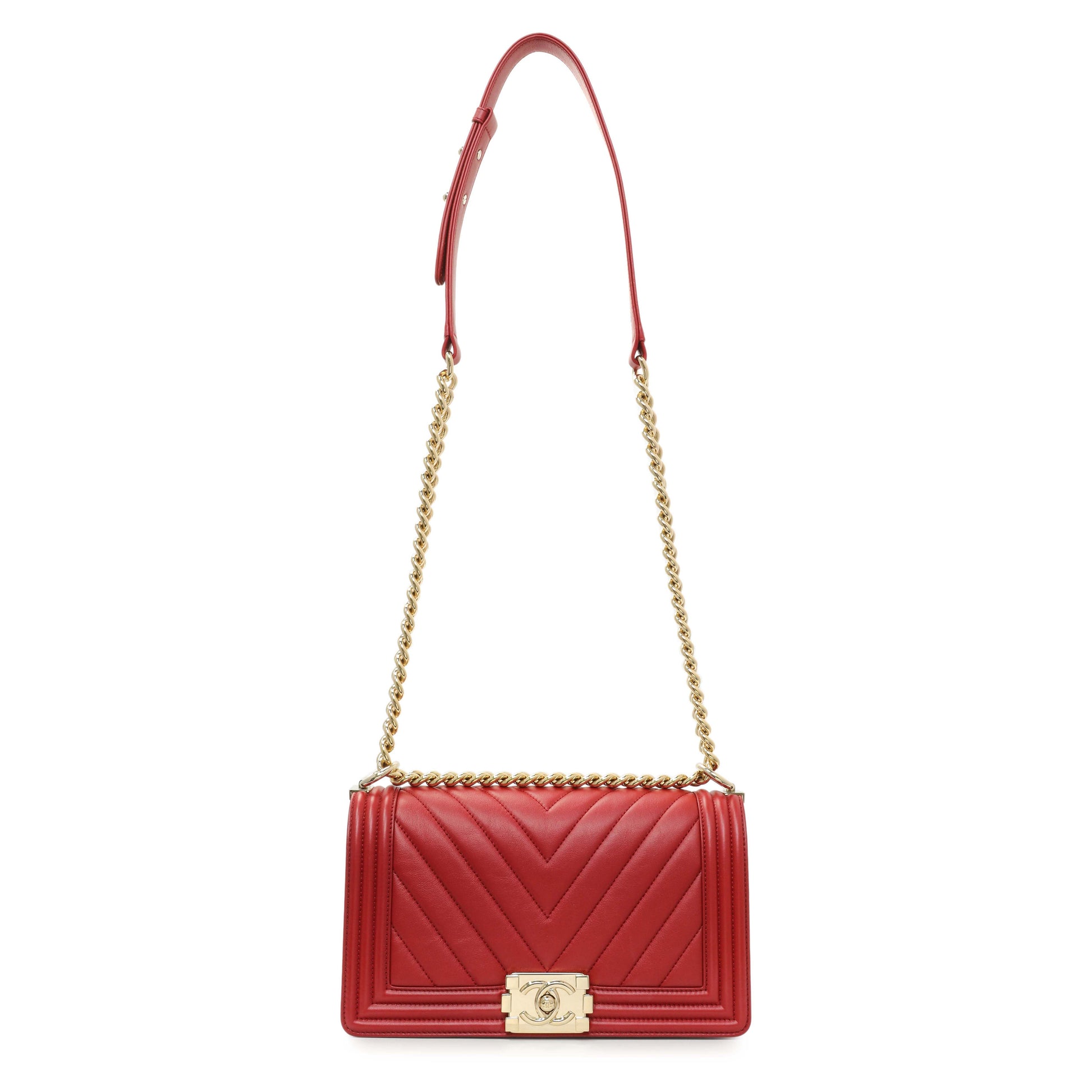 Exclusive Chanel Red Chevron Quilted Lambskin Medium Boy Flap — Front View