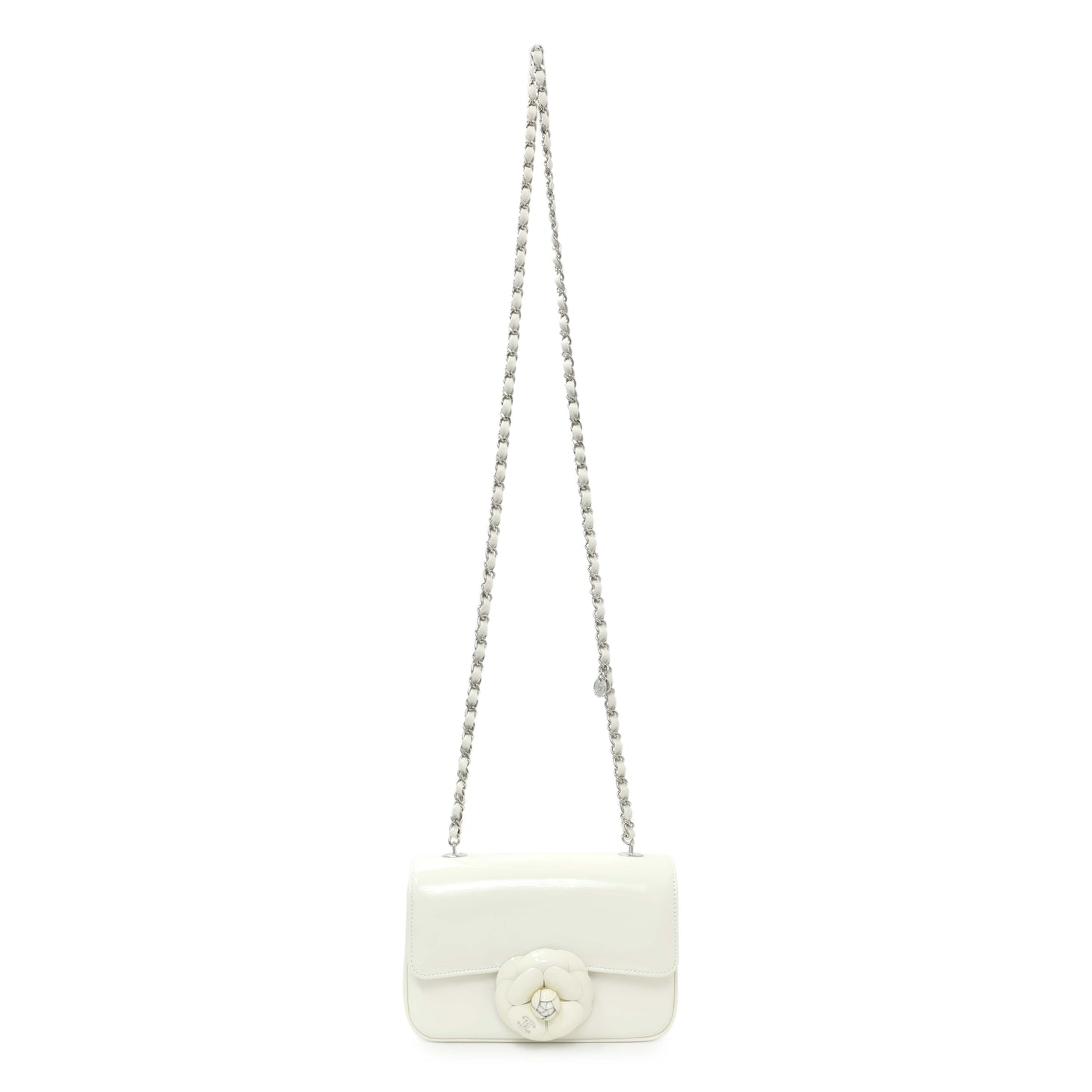 Exclusive Chanel White Patent Calfskin Small Camellia Flap — Front View