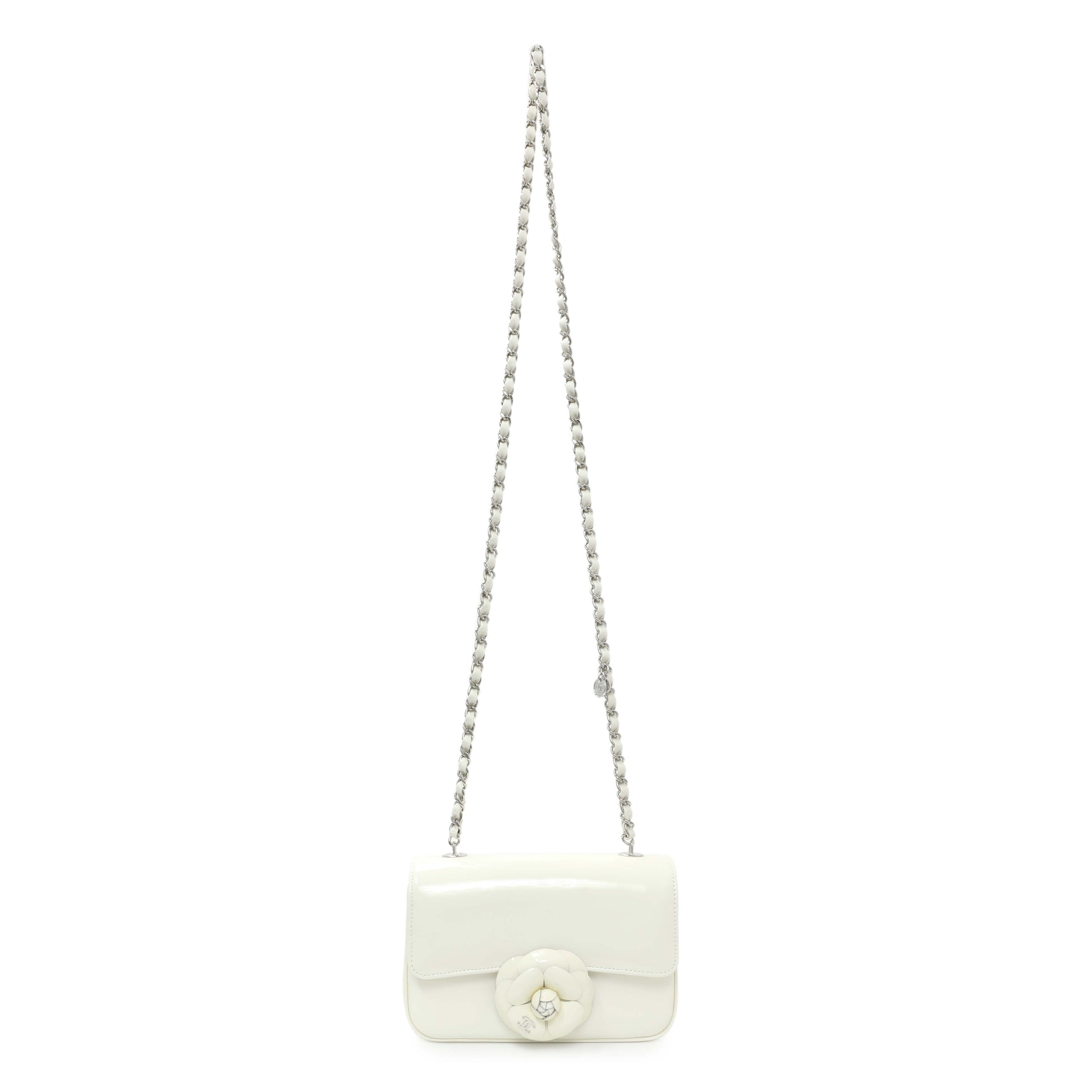 Exclusive Chanel White Patent Calfskin Small Camellia Flap — Front View