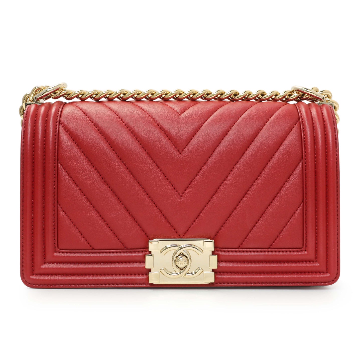 Exclusive Chanel Red Chevron Quilted Lambskin Medium Boy Flap — Side View