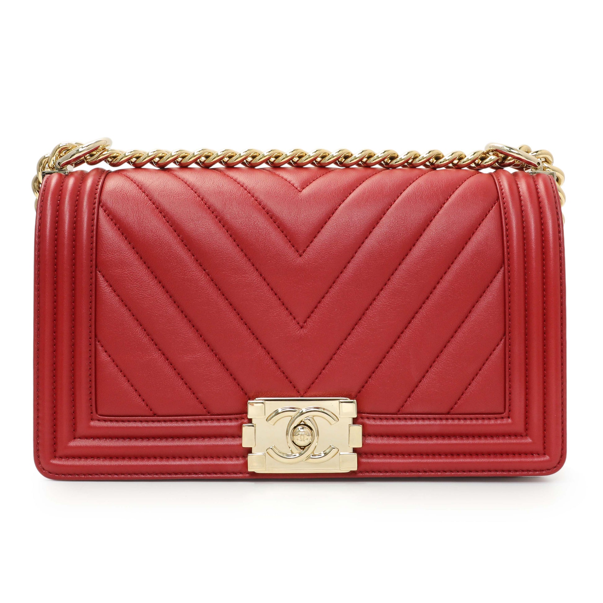 Exclusive Chanel Red Chevron Quilted Lambskin Medium Boy Flap — Side View