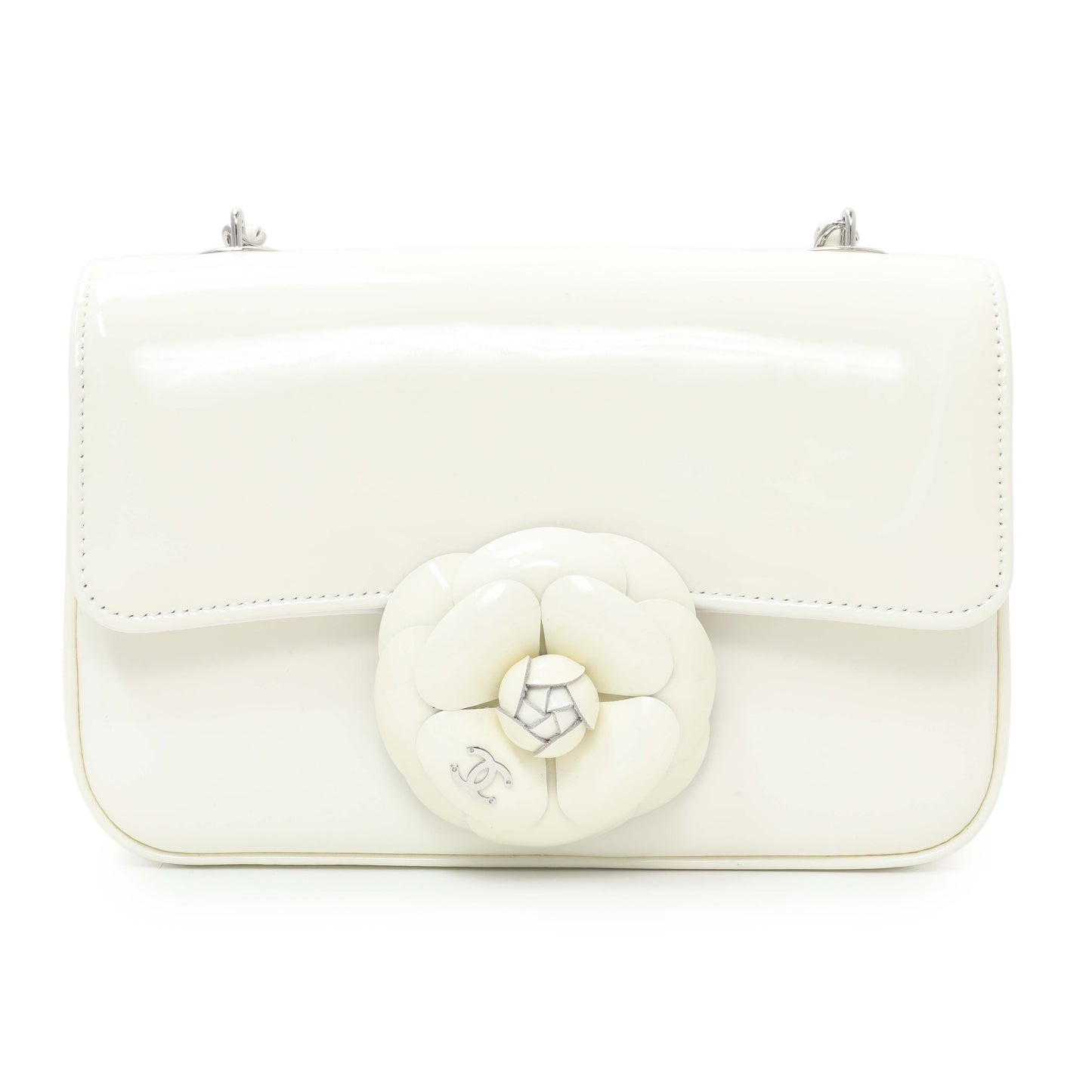 Exclusive Chanel White Patent Calfskin Small Camellia Flap — Side View