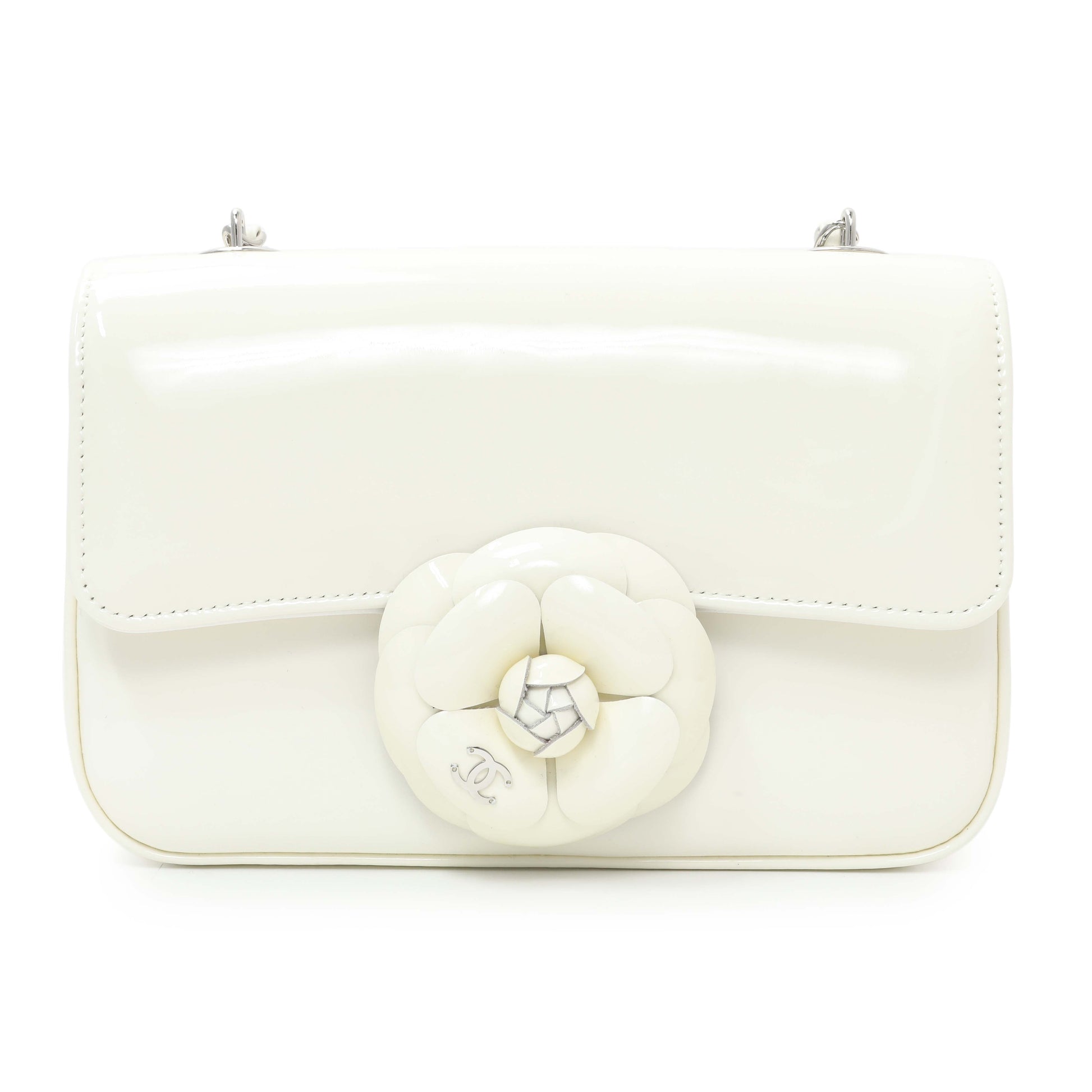 Exclusive Chanel White Patent Calfskin Small Camellia Flap — Side View