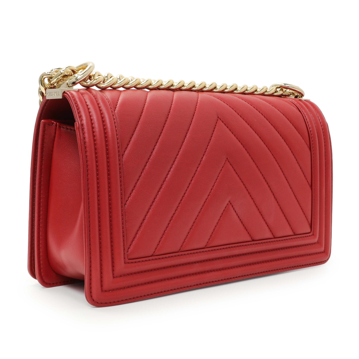 Exclusive Chanel Red Chevron Quilted Lambskin Medium Boy Flap — Back View