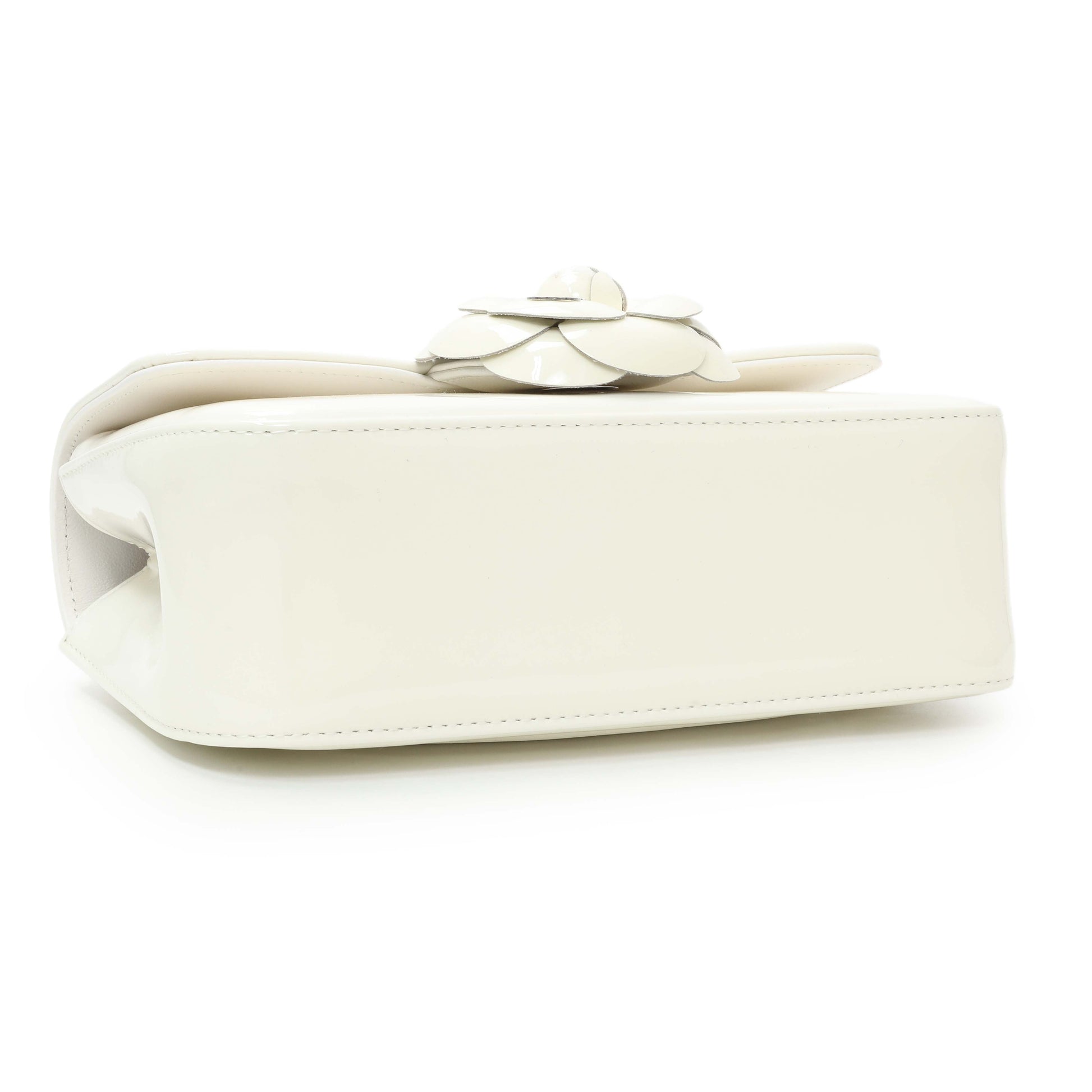 Exclusive Chanel White Patent Calfskin Small Camellia Flap — Top View