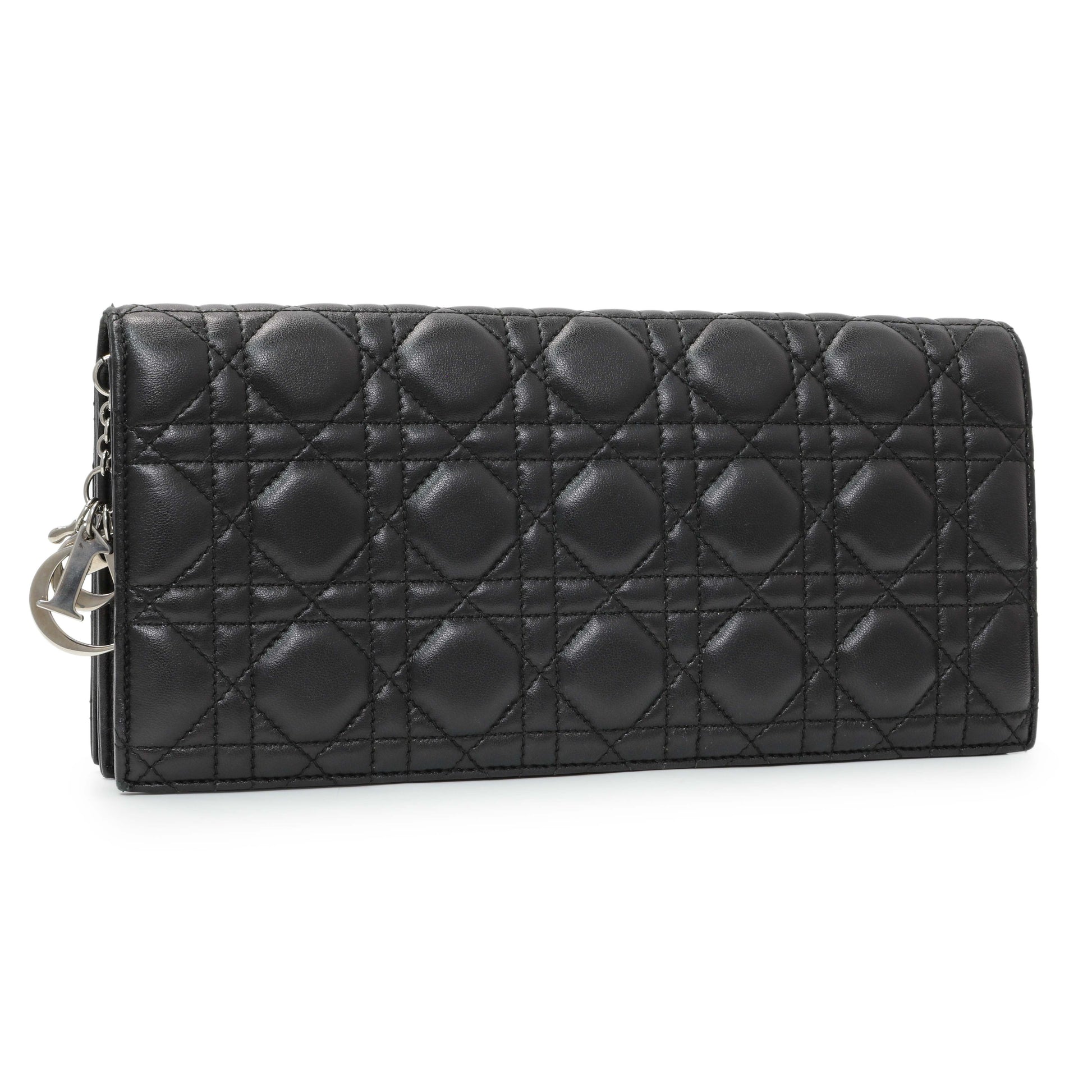 Exclusive Christian Dior Black Lambskin Cannage Lady Dior Convertible Clutch — Side View