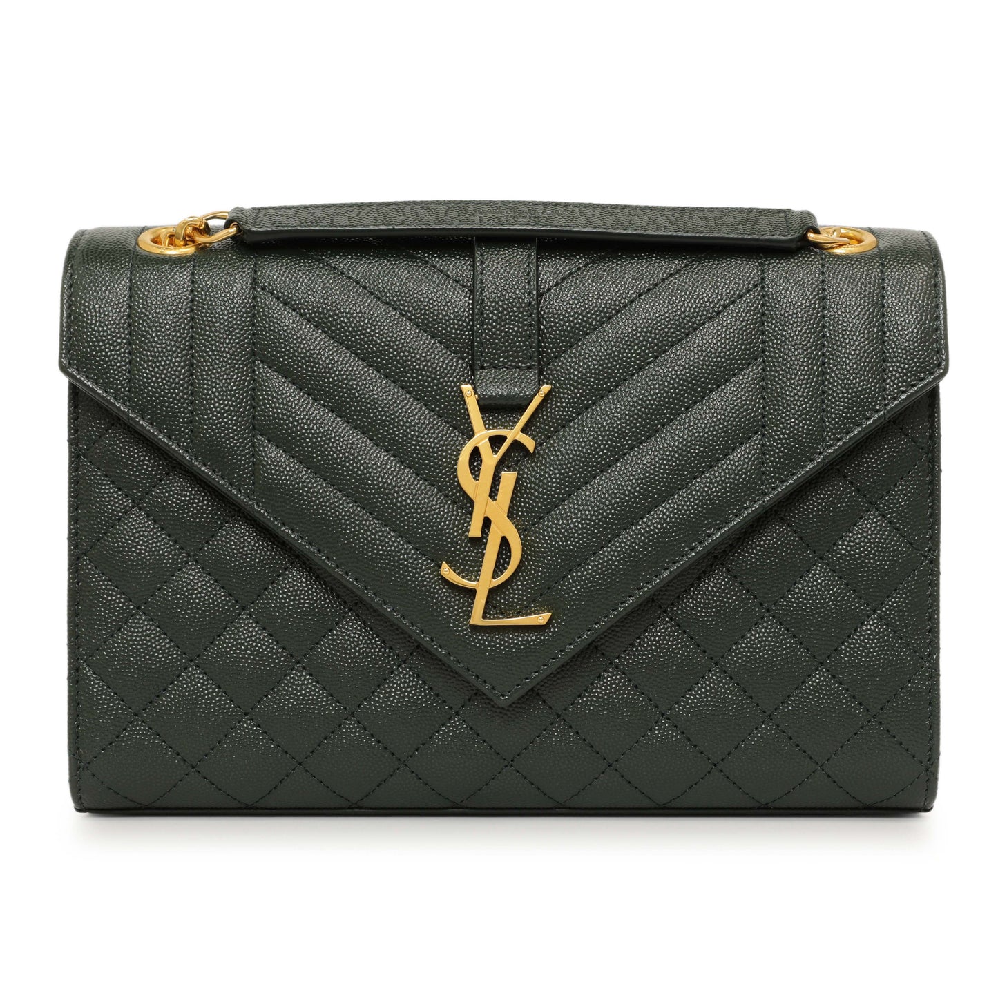 Exclusive Saint Laurent Green Grain De Poudre Matelasse Chevron Medium Triquilt Monogram Satchel — Front View
