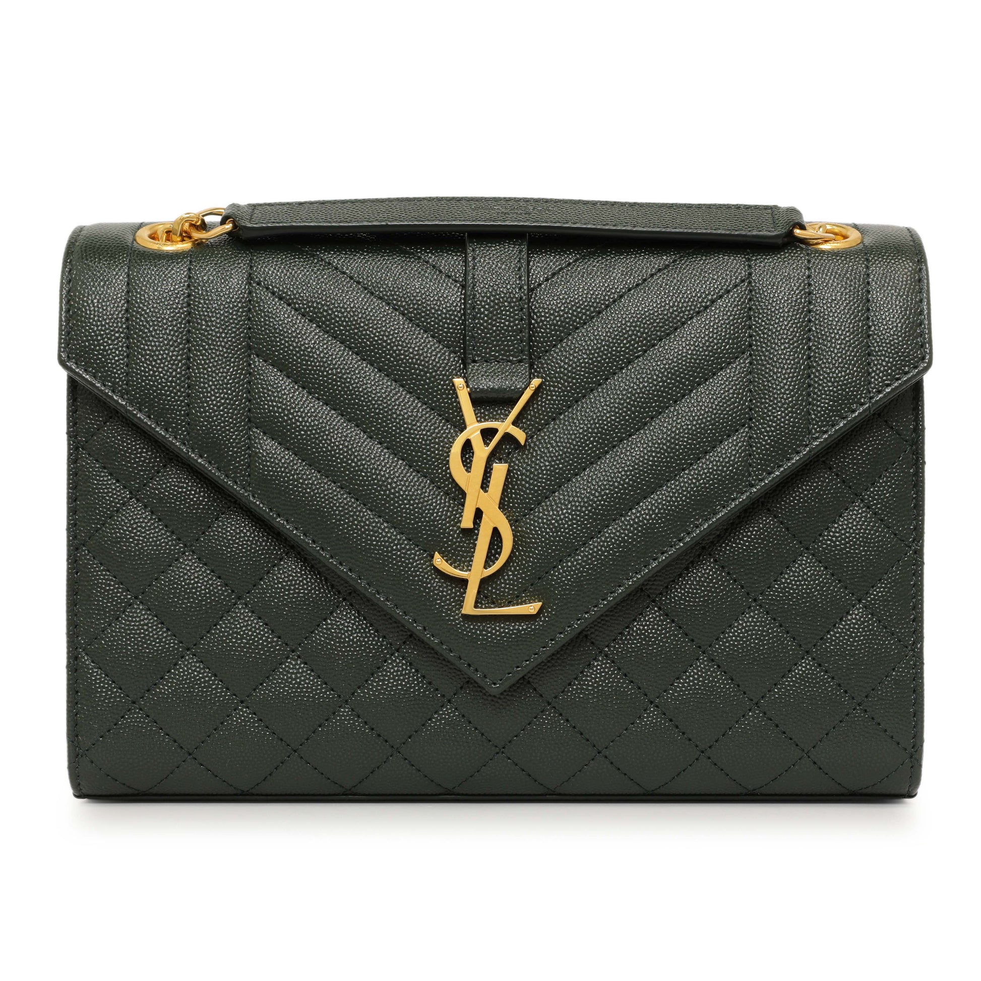 Exclusive Saint Laurent Green Grain De Poudre Matelasse Chevron Medium Triquilt Monogram Satchel — Front View