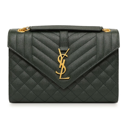 Exclusive Saint Laurent Green Grain De Poudre Matelasse Chevron Medium Triquilt Monogram Satchel — Front View