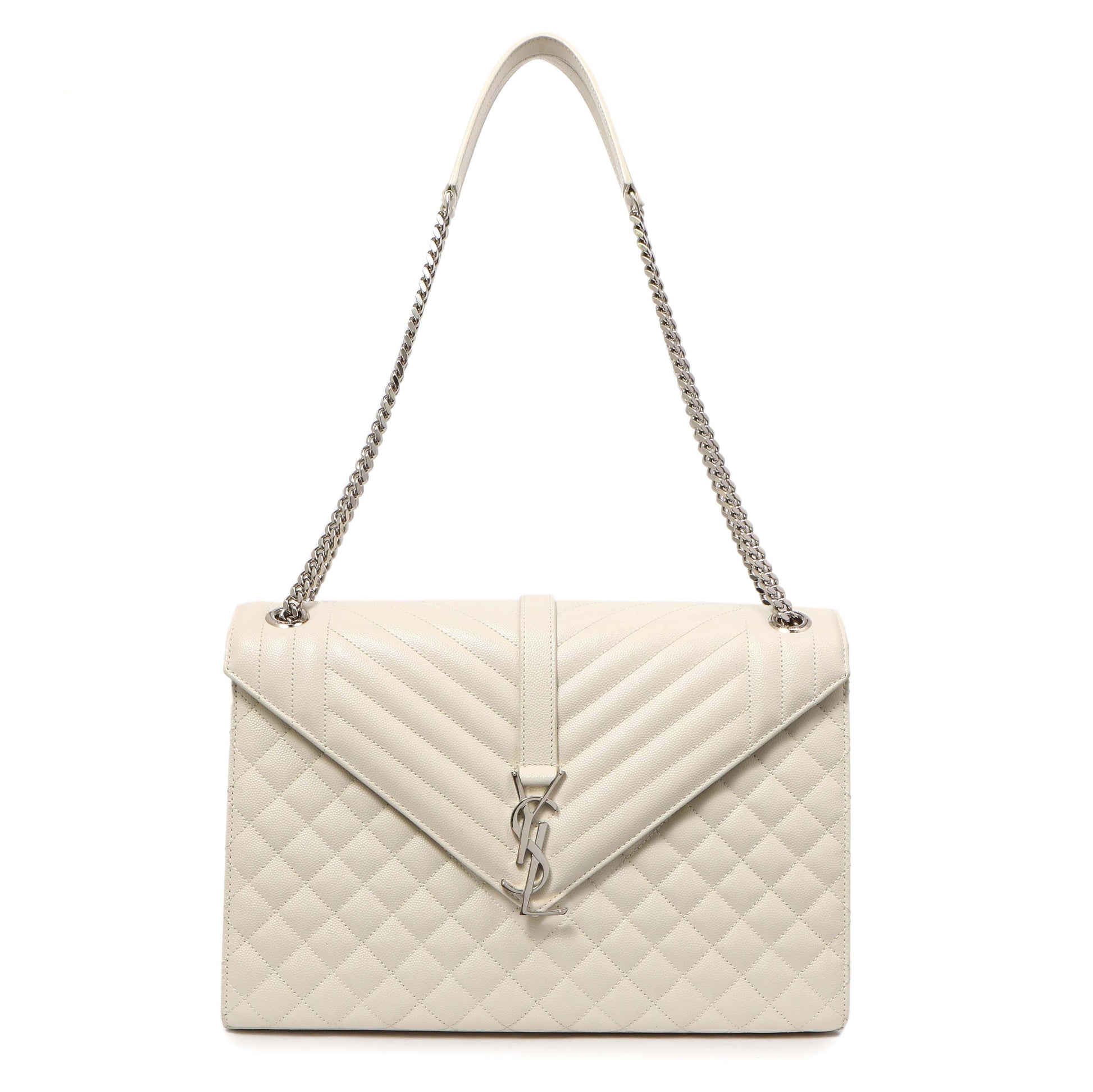 Exclusive Saint Laurent White Grain De Poudre Matelasse Chevron Large Triquilt Monogram Satchel — Front View