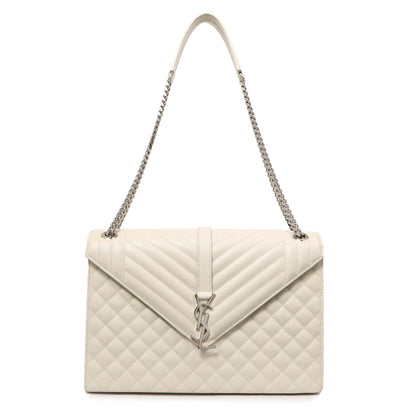 Exclusive Saint Laurent White Grain De Poudre Matelasse Chevron Large Triquilt Monogram Satchel — Front View