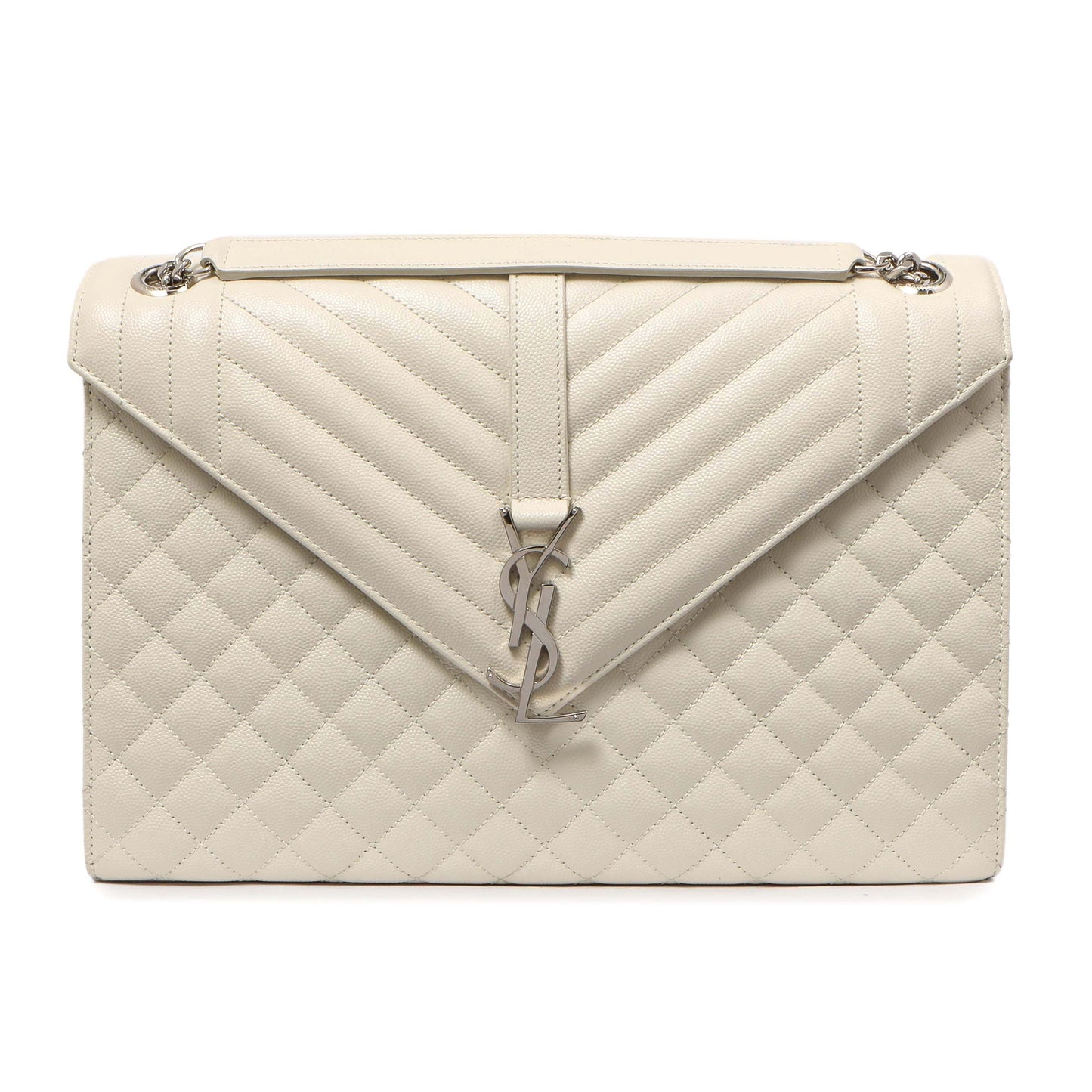 Exclusive Saint Laurent White Grain De Poudre Matelasse Chevron Large Triquilt Monogram Satchel — Side View