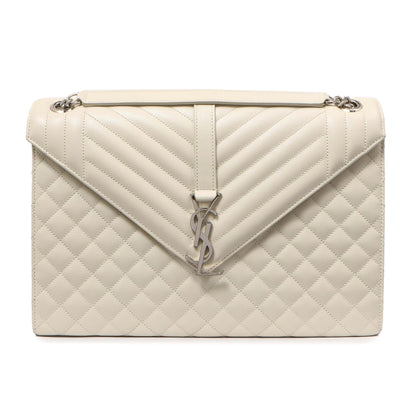 Exclusive Saint Laurent White Grain De Poudre Matelasse Chevron Large Triquilt Monogram Satchel — Side View
