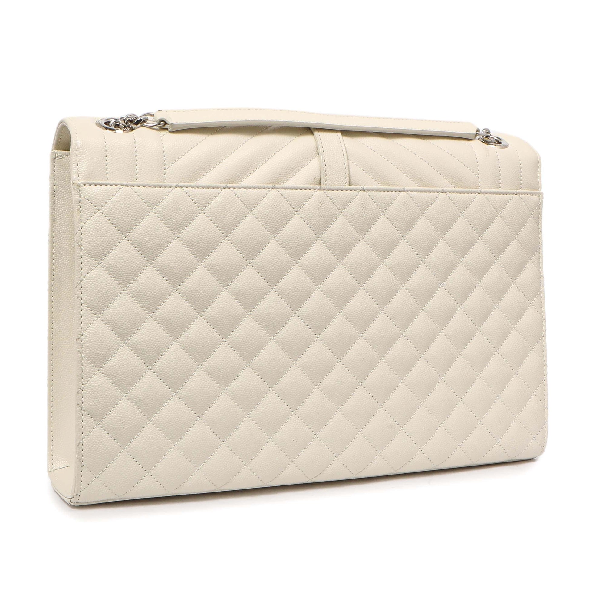 Exclusive Saint Laurent White Grain De Poudre Matelasse Chevron Large Triquilt Monogram Satchel — Back View