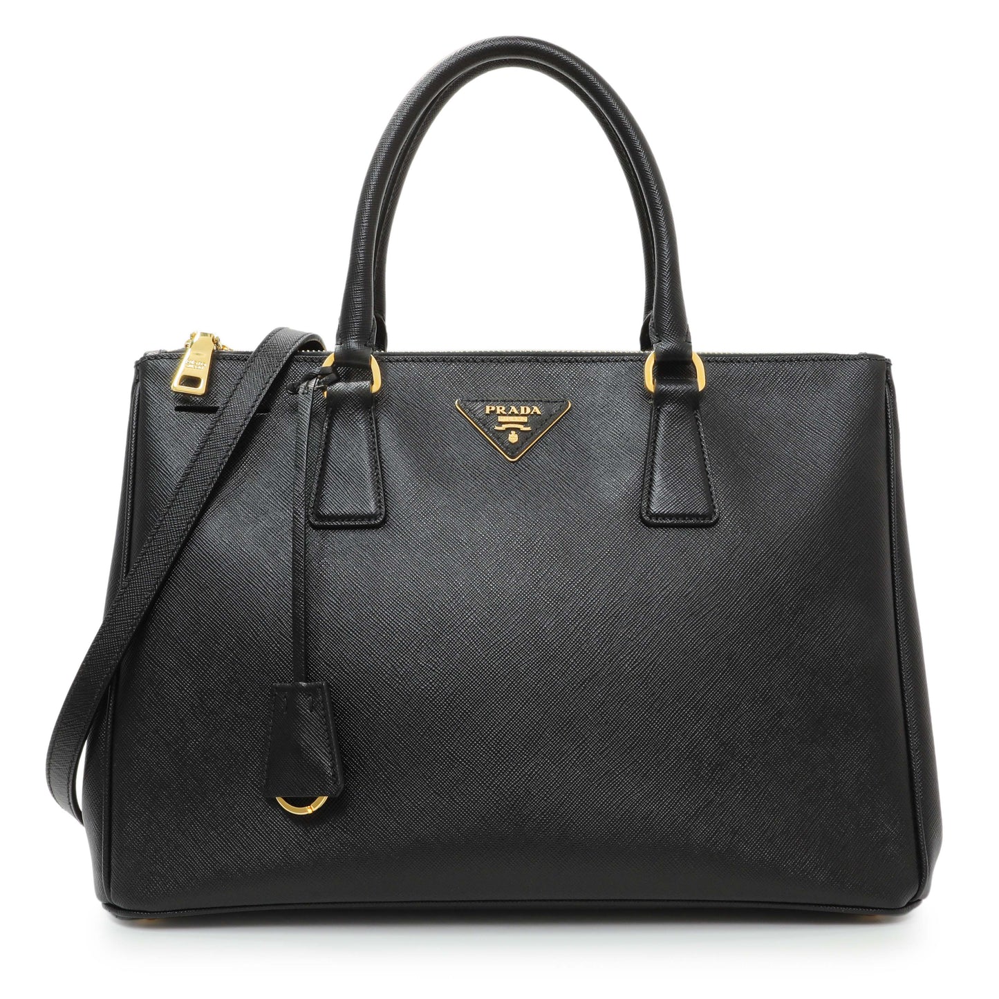 Exclusive Prada Black Saffiano Medium Galleria Double Zip Tote — Front View
