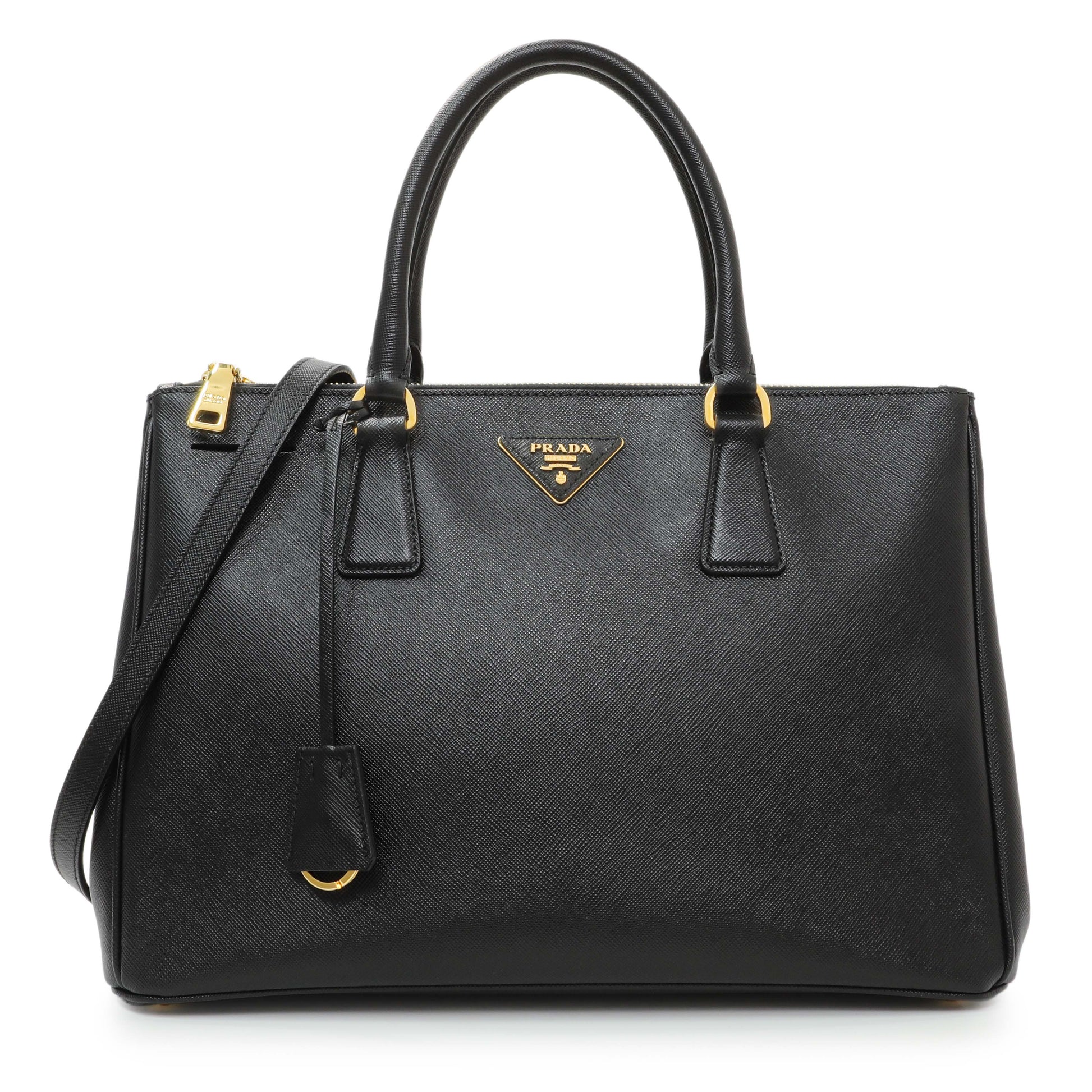 Exclusive Prada Black Saffiano Medium Galleria Double Zip Tote — Front View