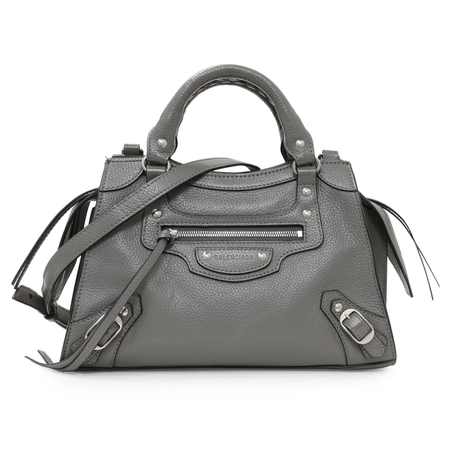 Exclusive Balenciaga Grained Grey Calfskin Neo Classic Silver Hardware Mini City — Front View