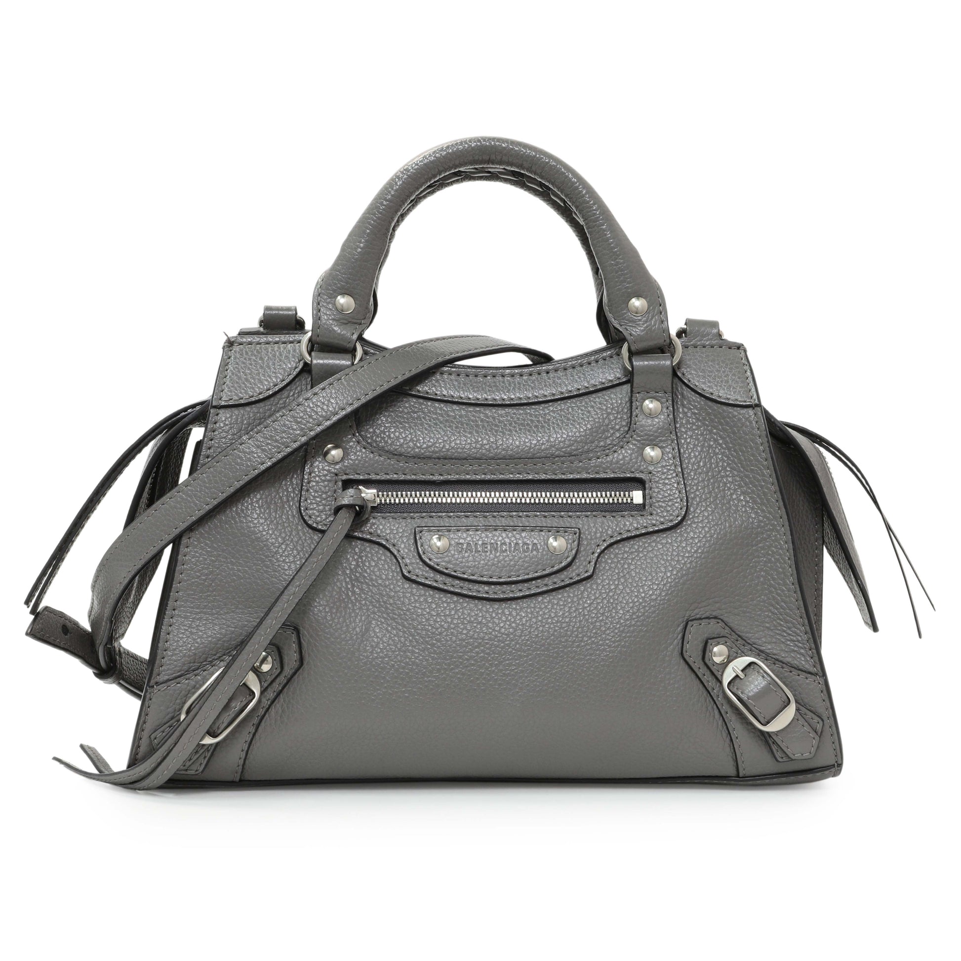 Exclusive Balenciaga Grained Grey Calfskin Neo Classic Silver Hardware Mini City — Front View