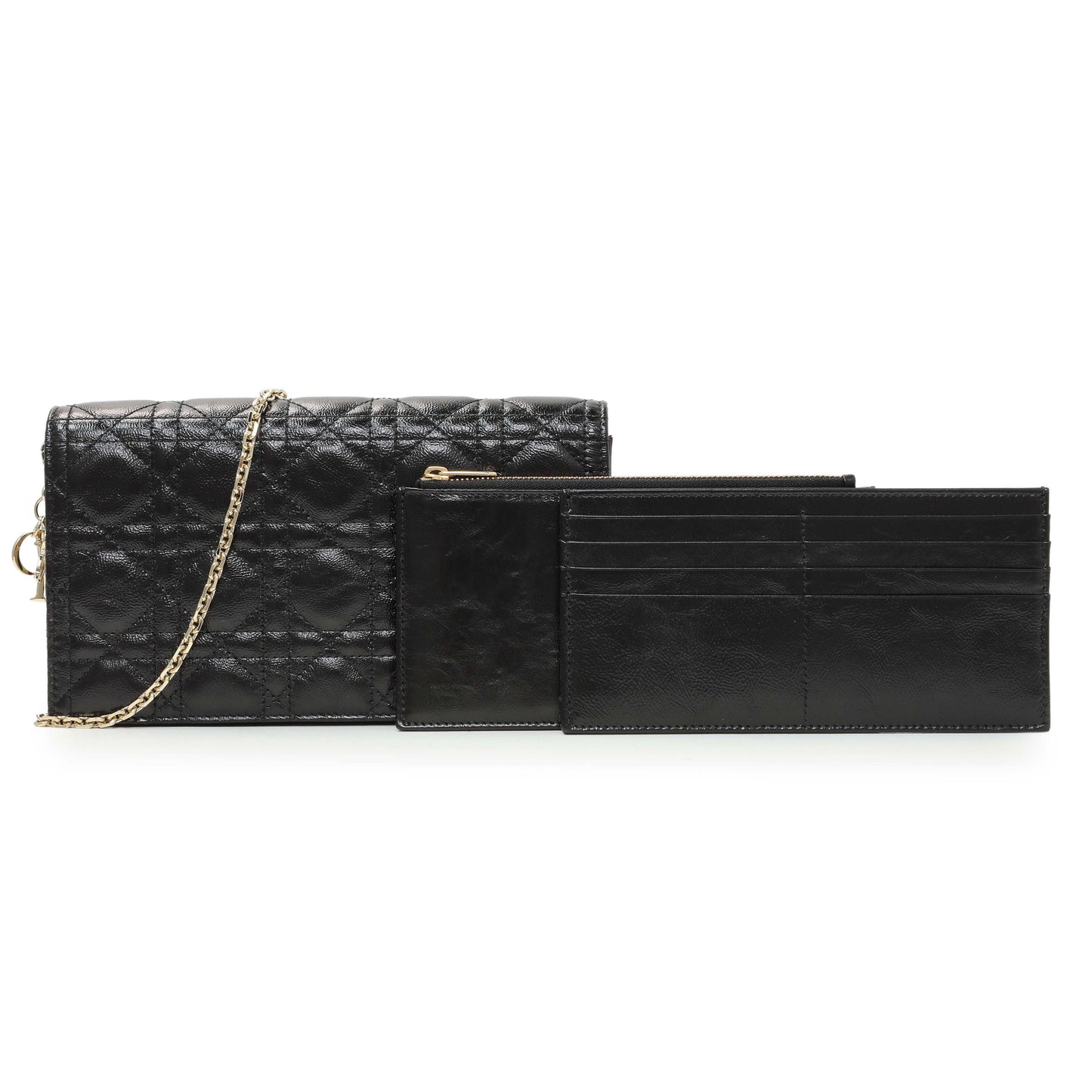 Exclusive Christian Dior Black Crinkled Patent Cannage Lady Dior Pouch — Front View