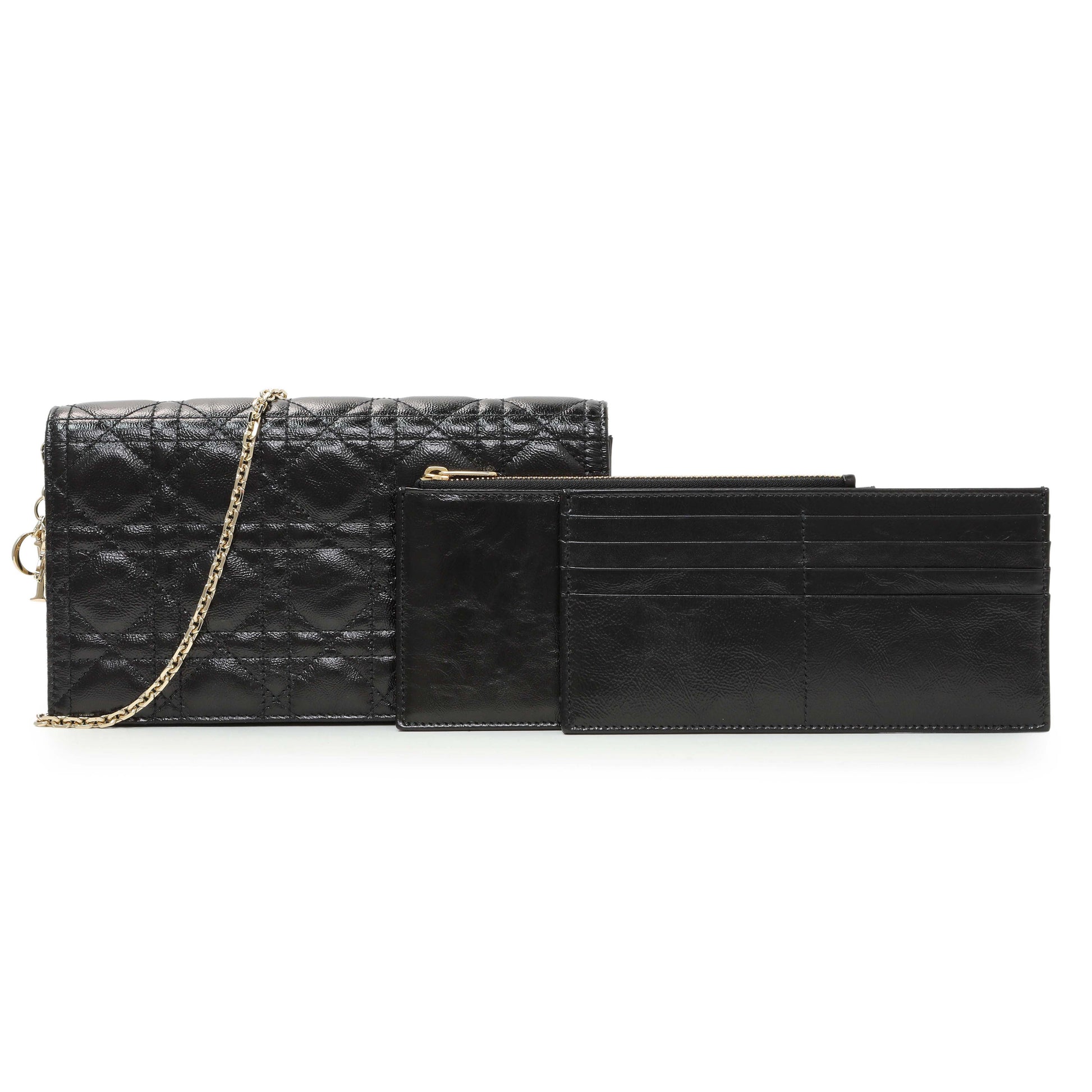 Exclusive Christian Dior Black Crinkled Patent Cannage Lady Dior Pouch — Front View