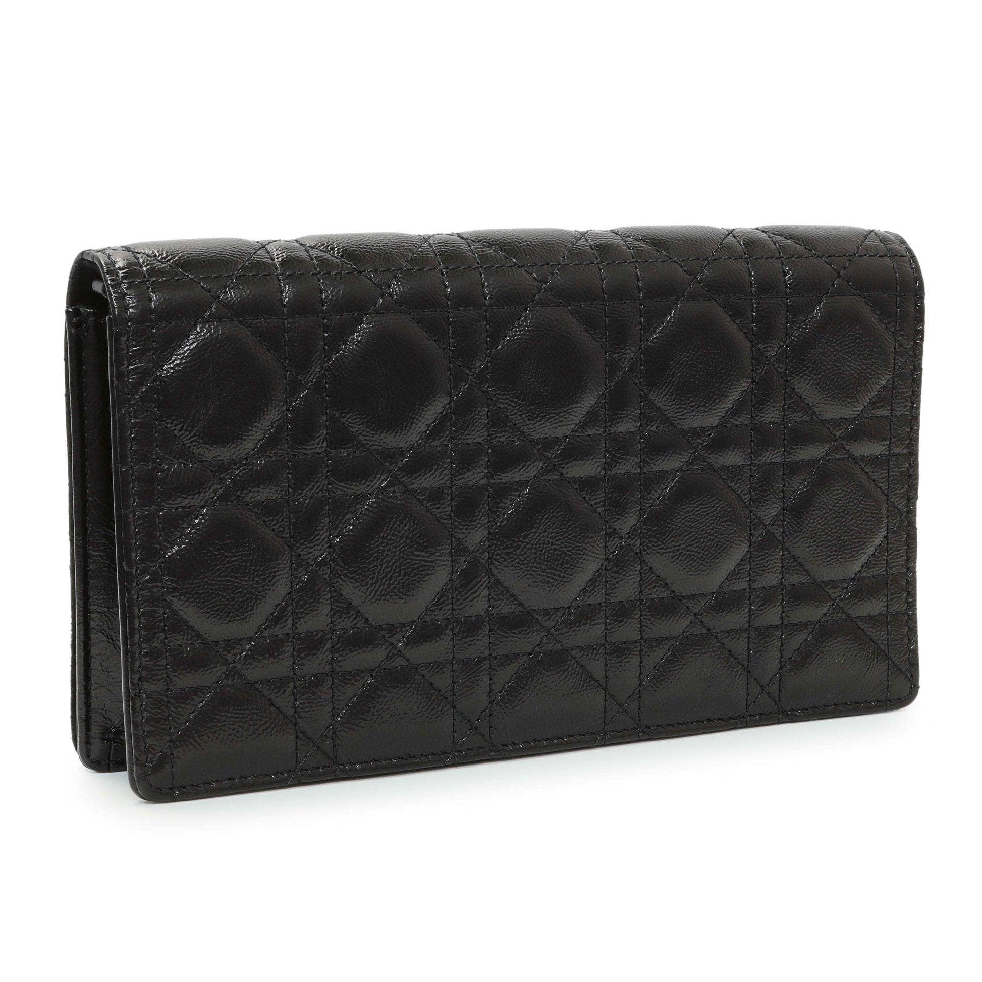 Exclusive Christian Dior Black Crinkled Patent Cannage Lady Dior Pouch — Side View