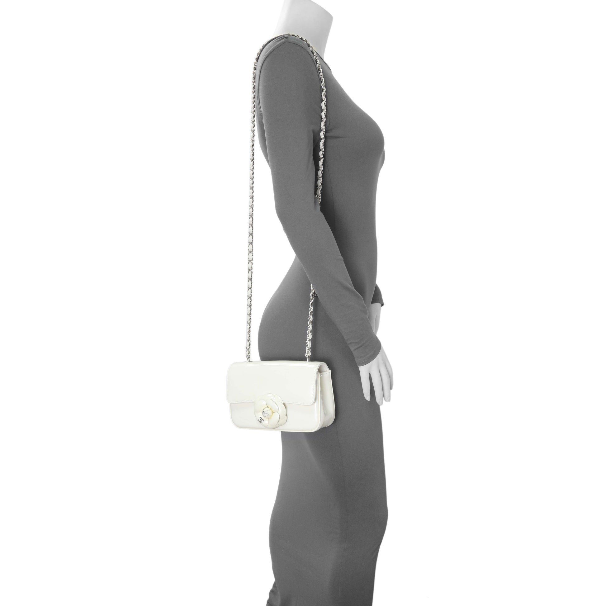 Exclusive Chanel White Patent Calfskin Small Camellia Flap — Alternate View 8