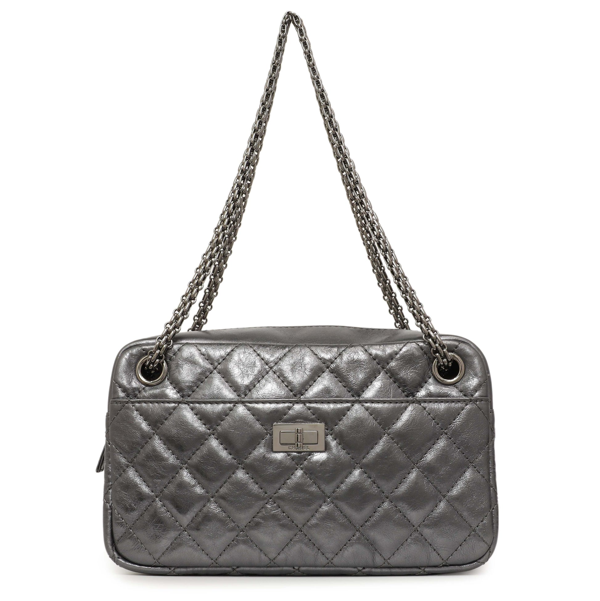 Exclusive Chanel Dark Silver Metallic Quilted Aged Calfskin Small Reissue Camera Case — Front View