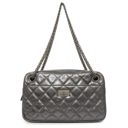 Exclusive Chanel Dark Silver Metallic Quilted Aged Calfskin Small Reissue Camera Case — Front View