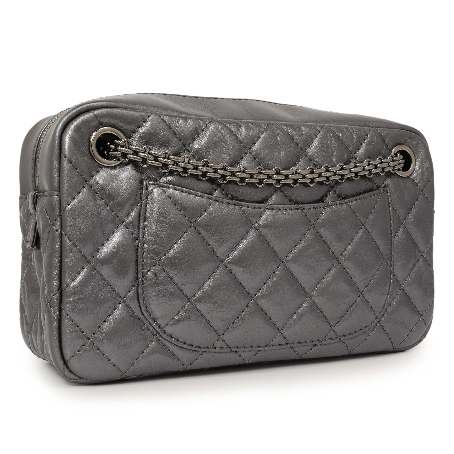 Exclusive Chanel Dark Silver Metallic Quilted Aged Calfskin Small Reissue Camera Case — Side View