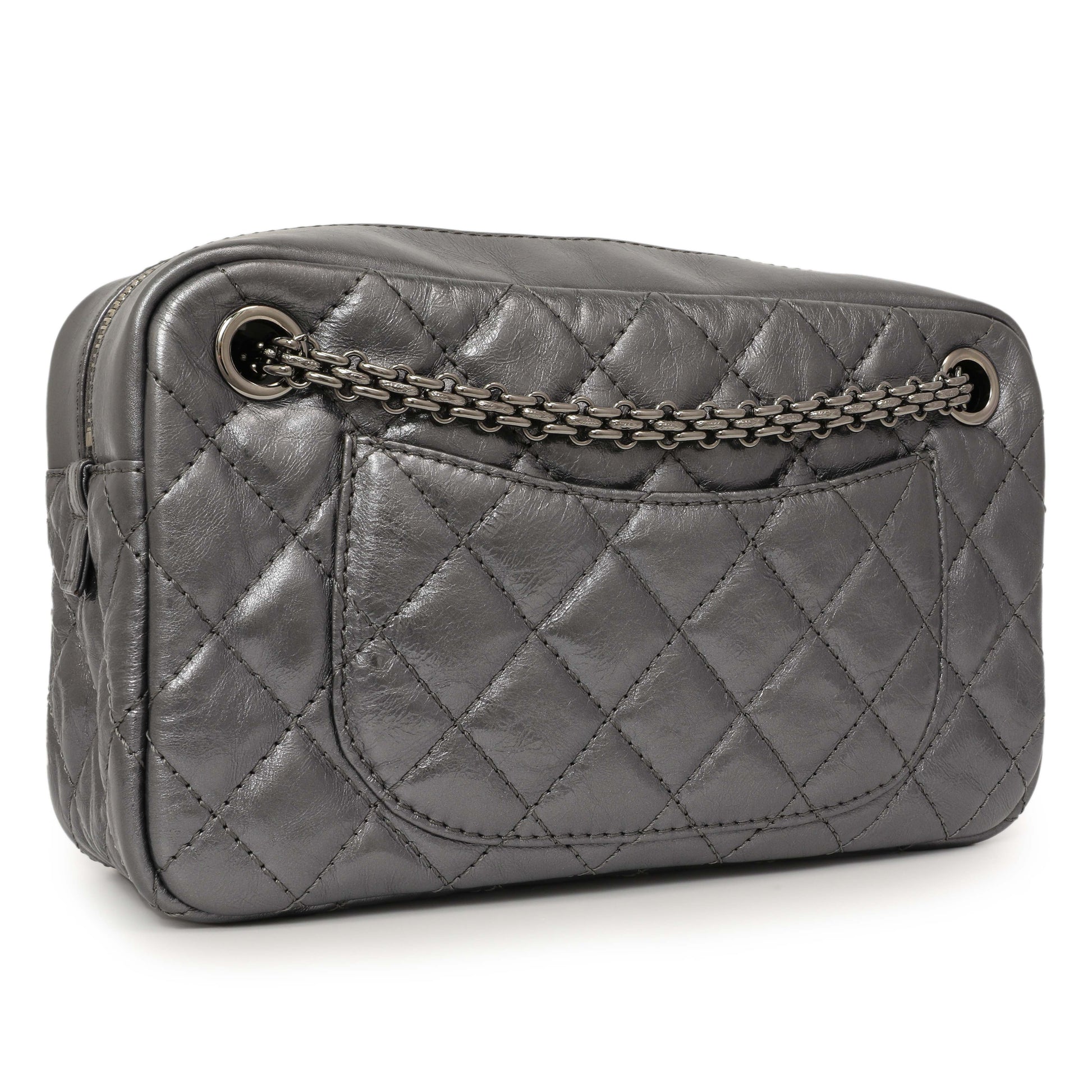 Exclusive Chanel Dark Silver Metallic Quilted Aged Calfskin Small Reissue Camera Case — Side View