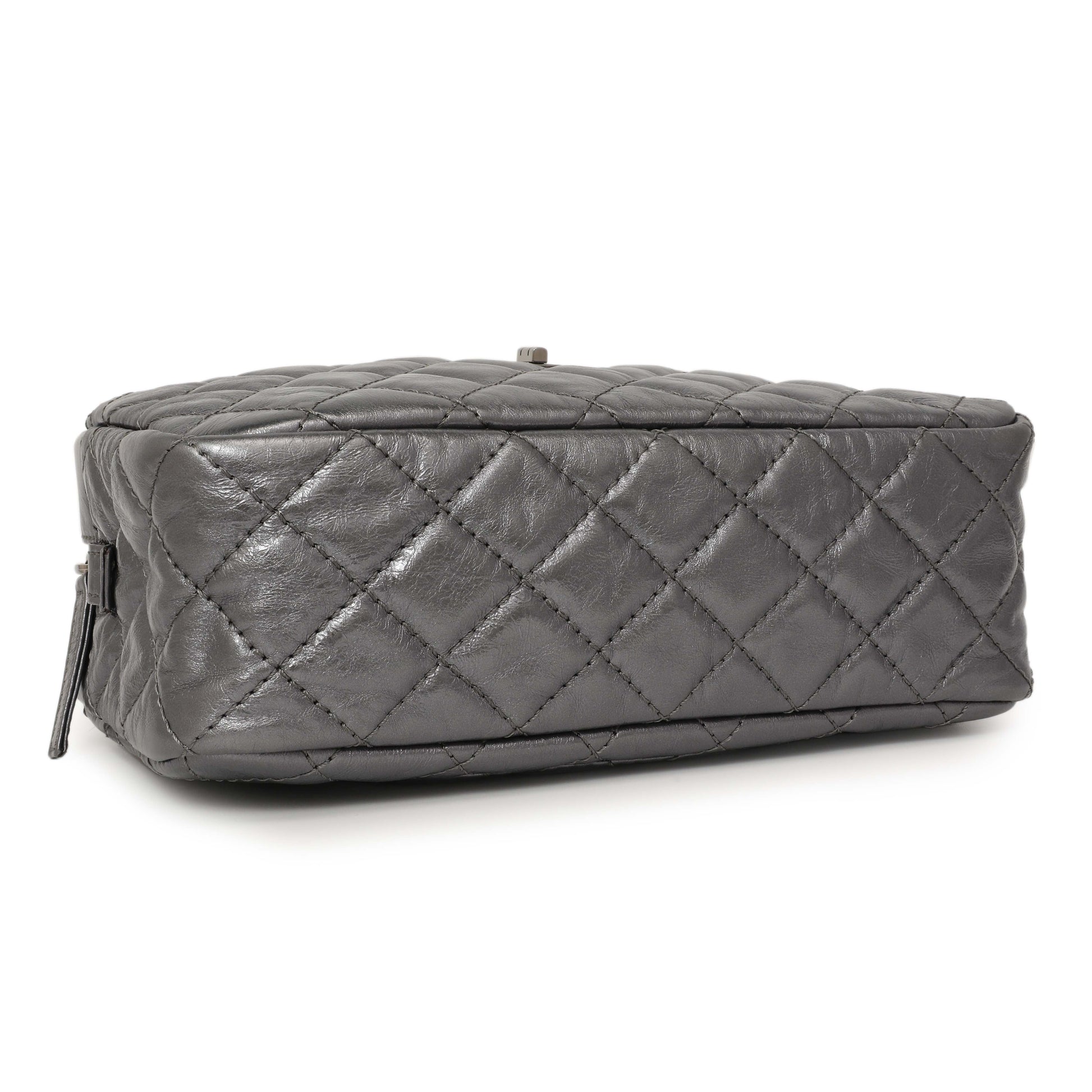 Exclusive Chanel Dark Silver Metallic Quilted Aged Calfskin Small Reissue Camera Case — Back View