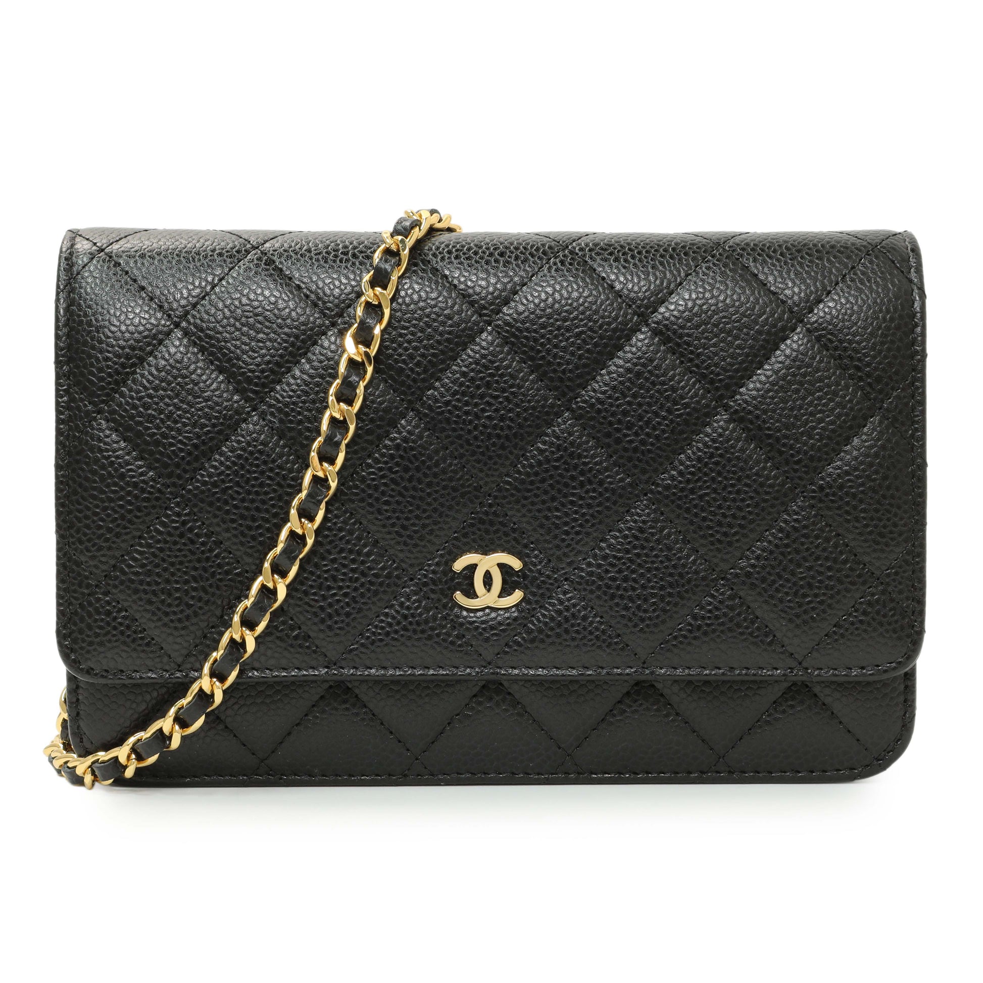 Exclusive Chanel Black Quilted Caviar Wallet on Chain — Front View