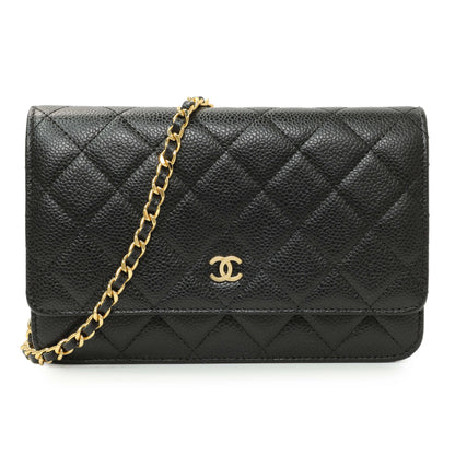 Exclusive Chanel Black Quilted Caviar Wallet on Chain — Front View