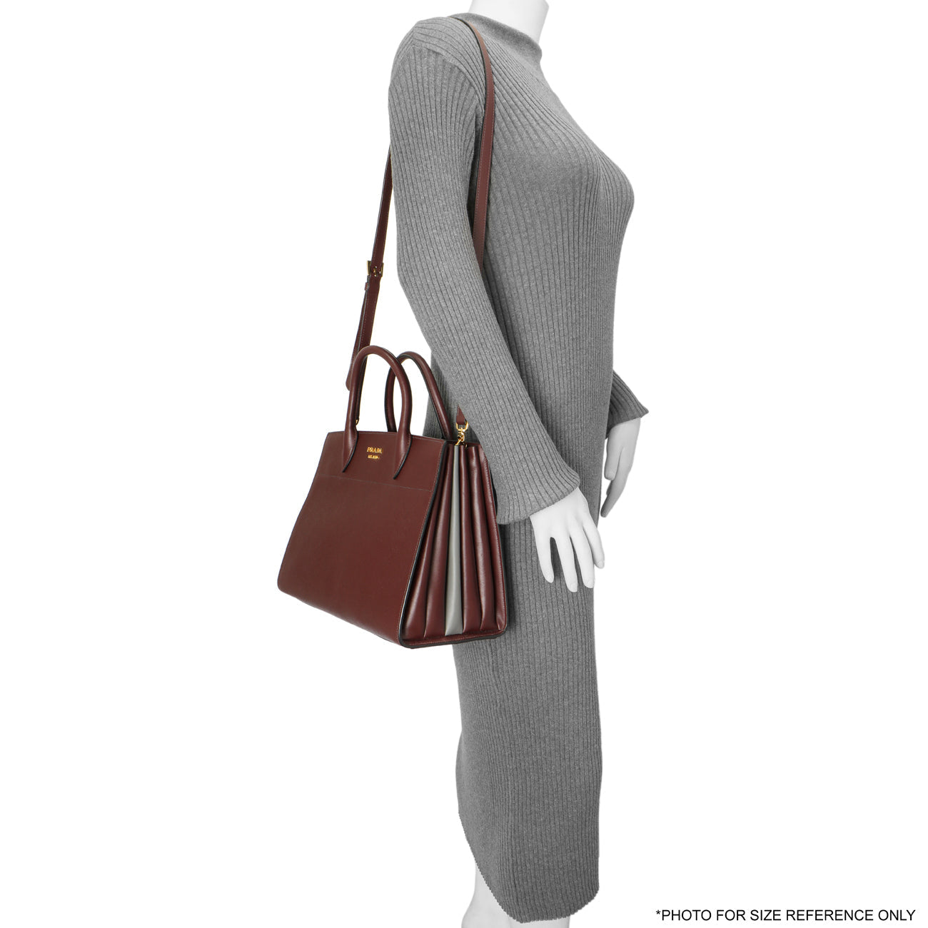 Exclusive Prada Burgundy Saffiano City Calfskin Bibliotheque Top Handle — Lifestyle View