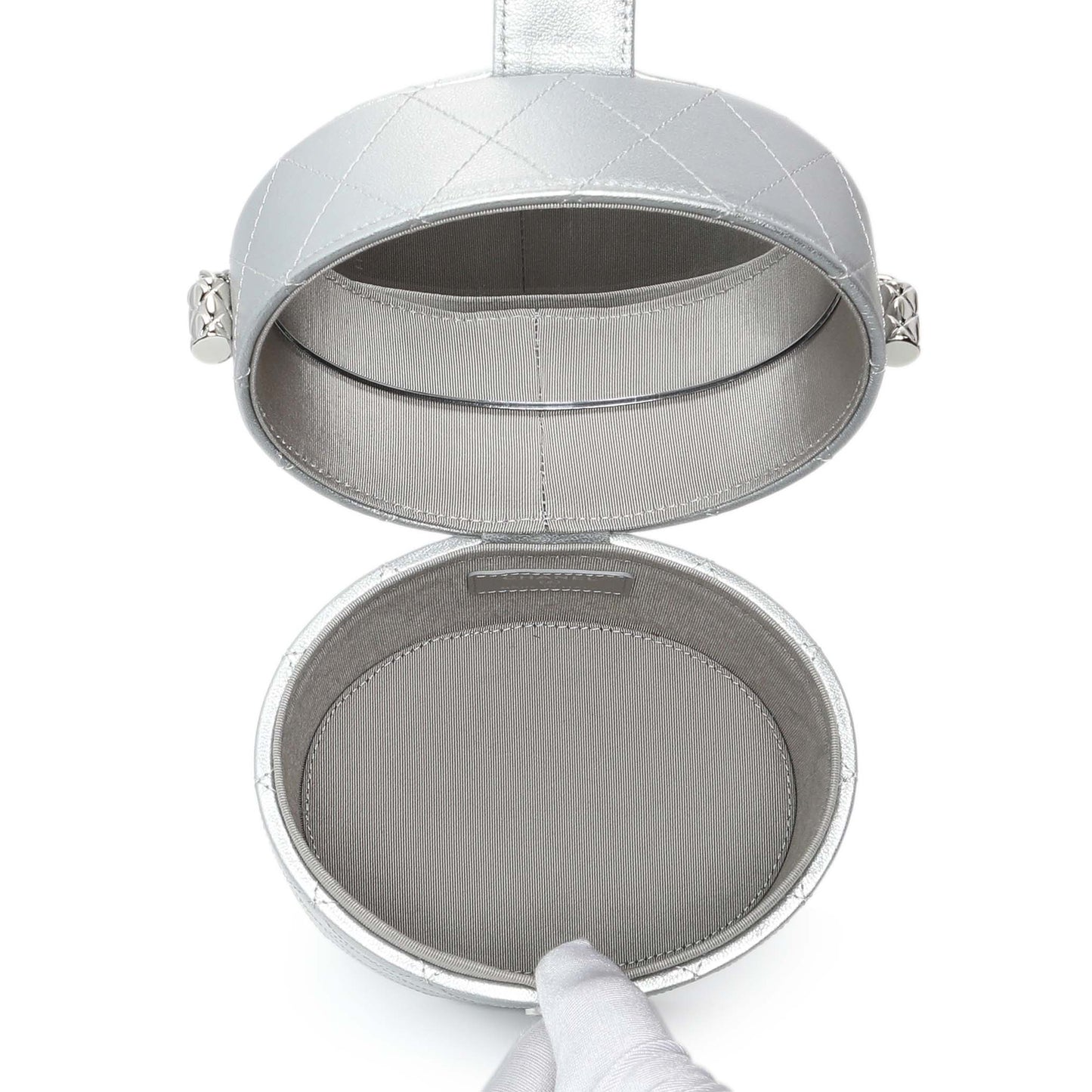 Exclusive Chanel Silver Quilted Round Vanity Case With Chain — Top View