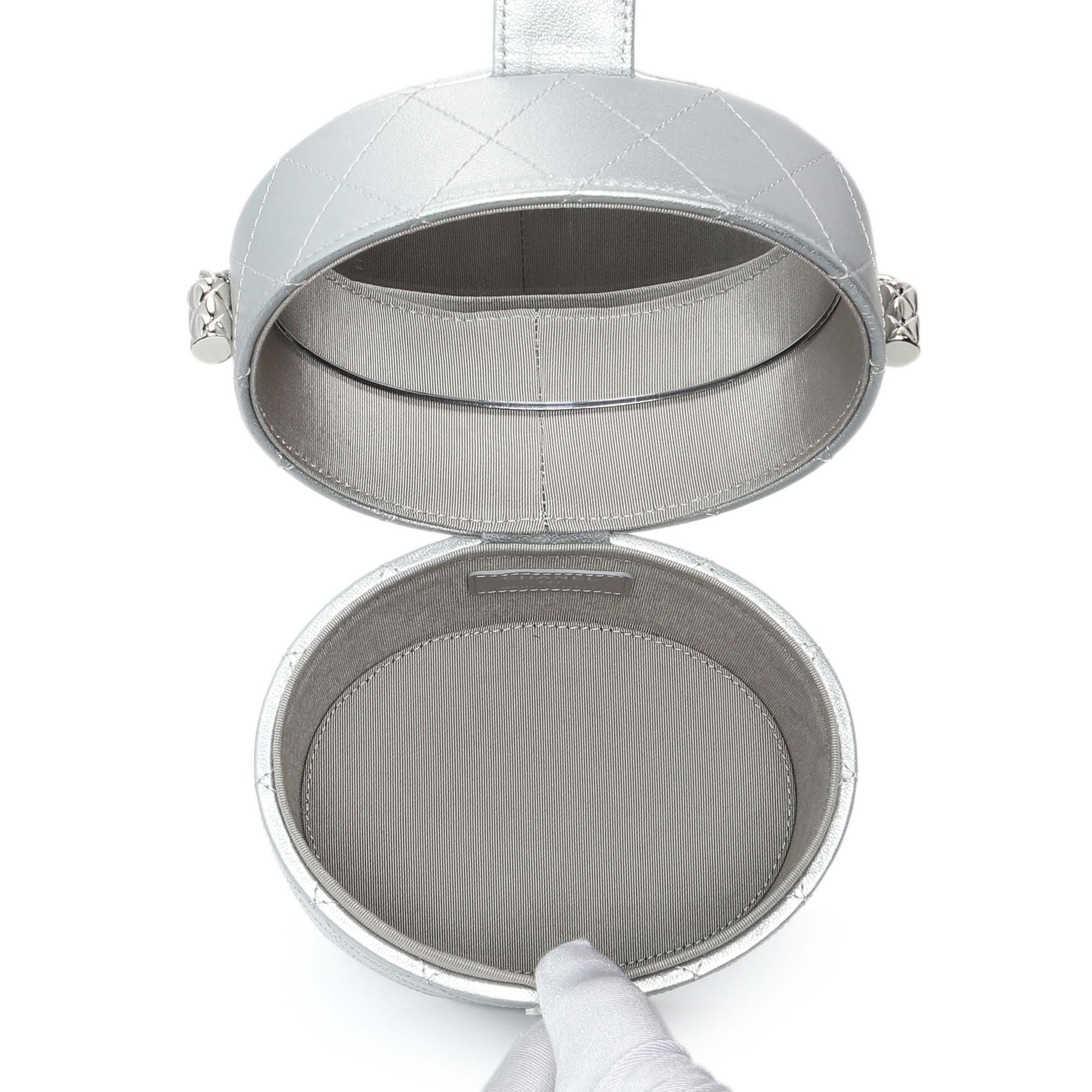 Exclusive Chanel Silver Quilted Round Vanity Case With Chain — Top View