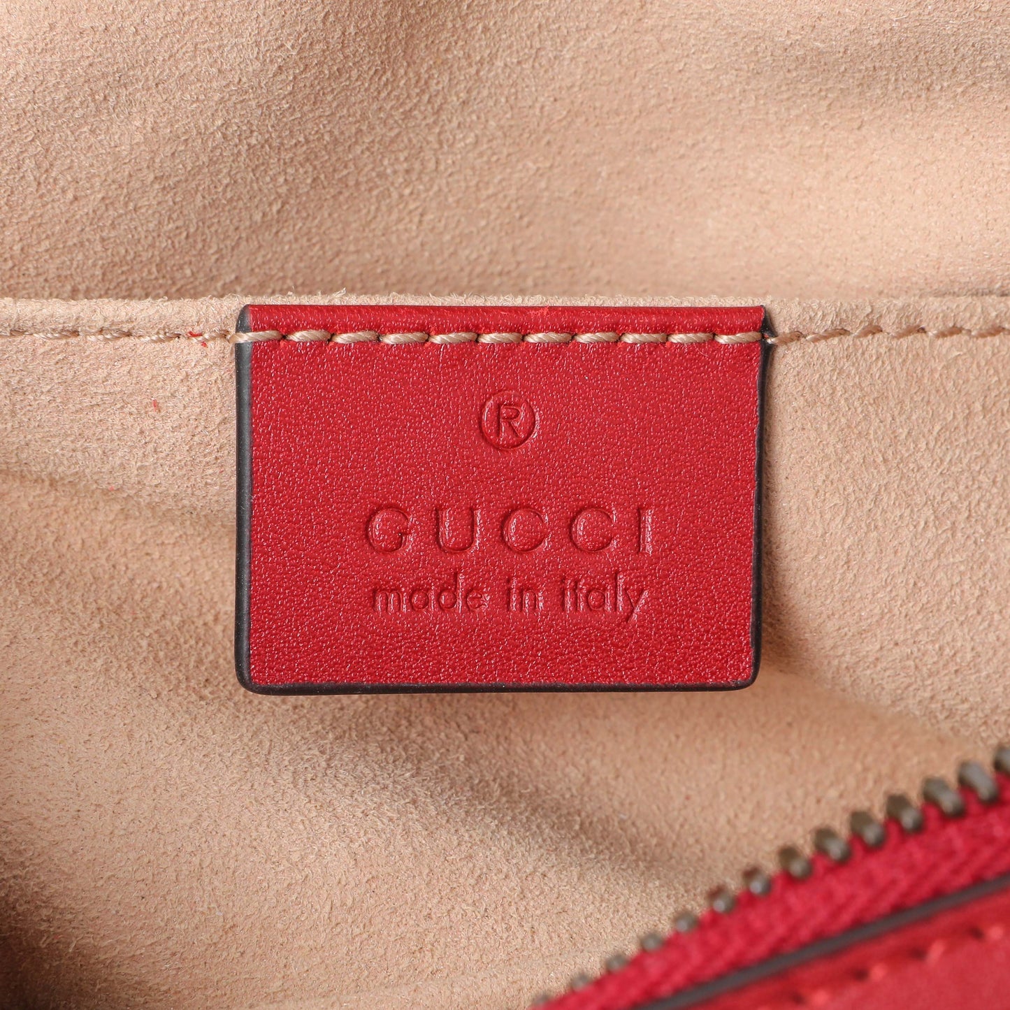 Exclusive Gucci Red Calfskin Matelasse GG Marmont Belt Bag — Detail View