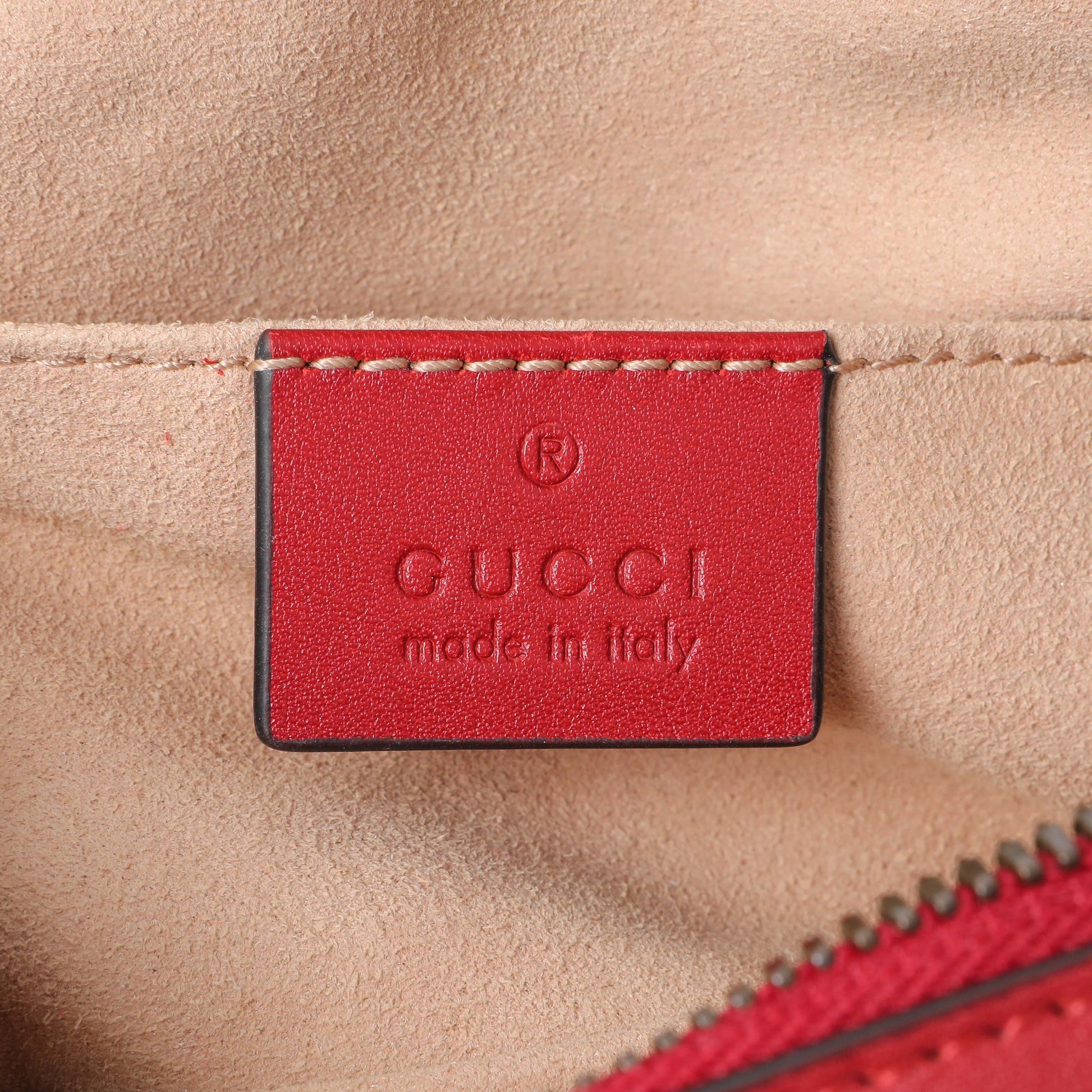 Exclusive Gucci Red Calfskin Matelasse GG Marmont Belt Bag — Detail View