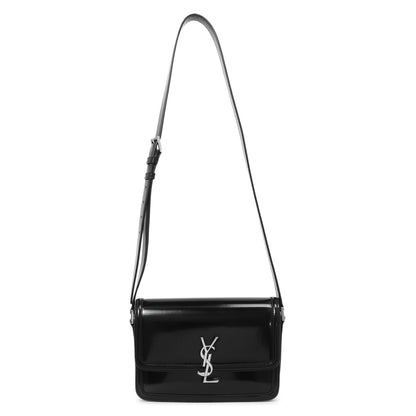Exclusive Saint Laurent Black Glazed Calfskin Monogram Medium Solferino — Front View