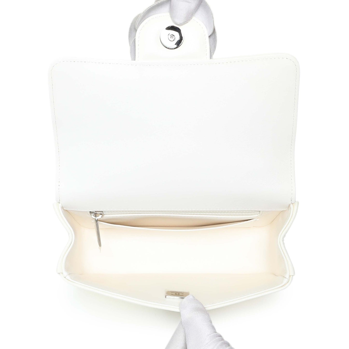 Exclusive Chanel White Patent Calfskin Small Camellia Flap — Detail View