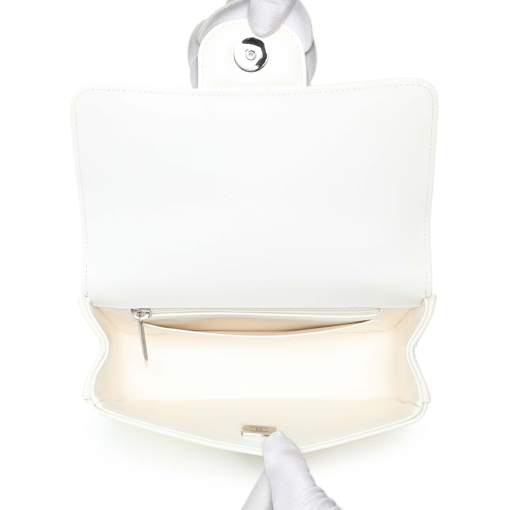 Exclusive Chanel White Patent Calfskin Small Camellia Flap — Detail View