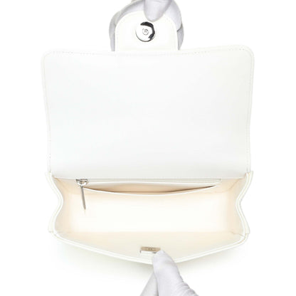 Exclusive Chanel White Patent Calfskin Small Camellia Flap — Detail View
