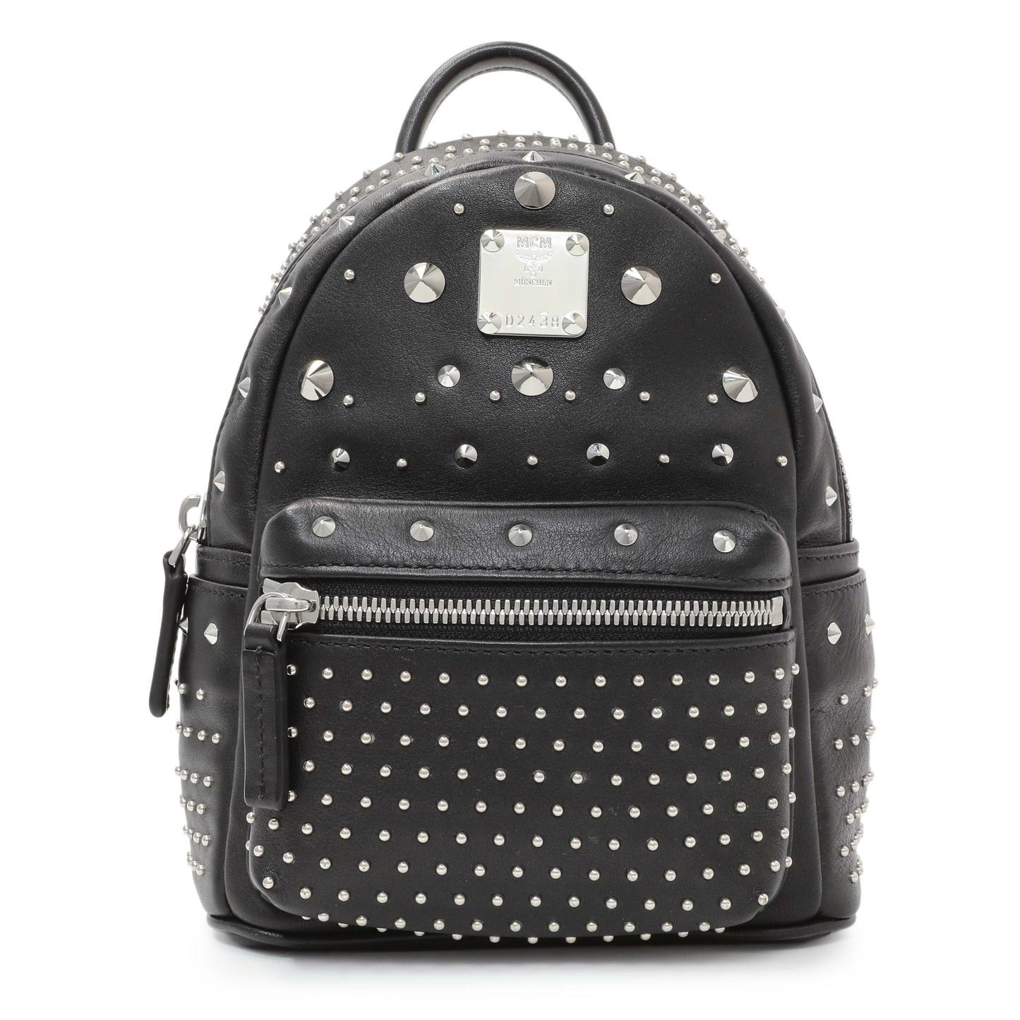 Exclusive MCM Black Metallic Calfskin Stud X-Mini Stark Bebe Boo Backpack — Front View